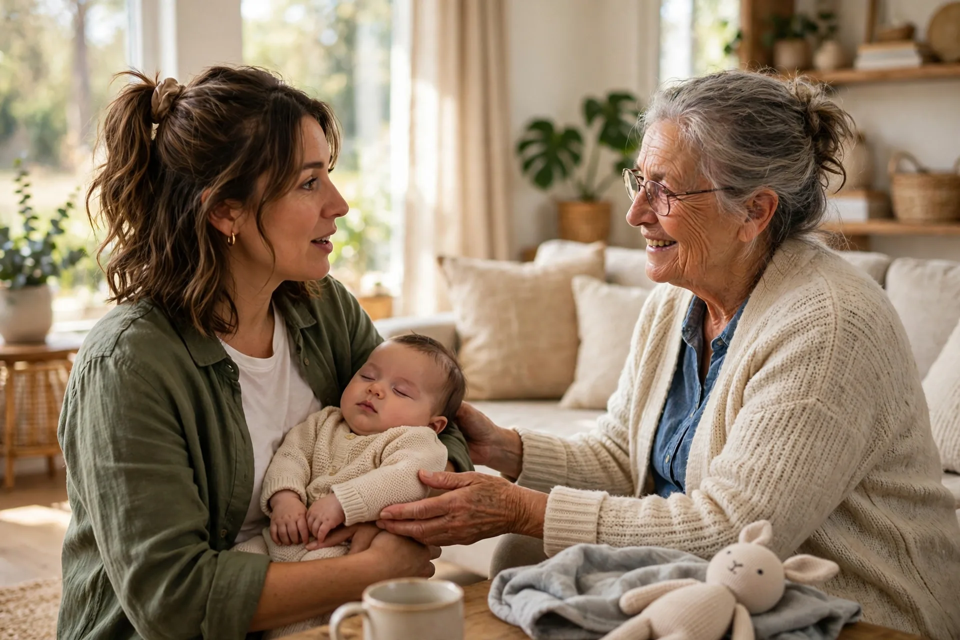 A mom asking a grandparent for help with the baby