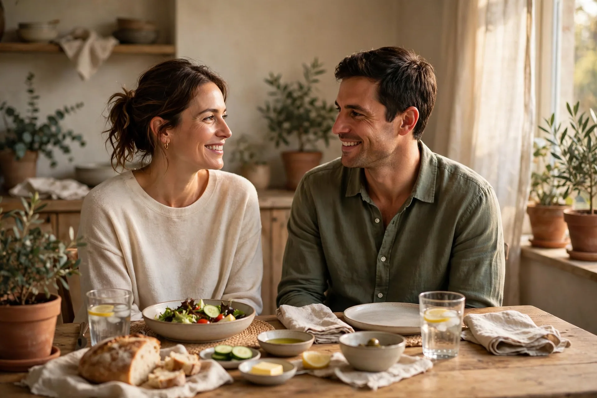 A couple keeping life simple with a plain family dinner at home