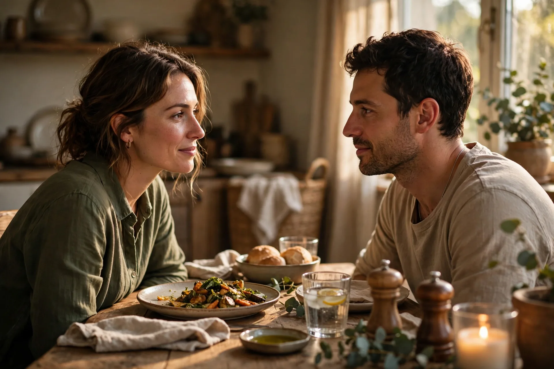 A couple choosing to see the best in each other across the dinner table