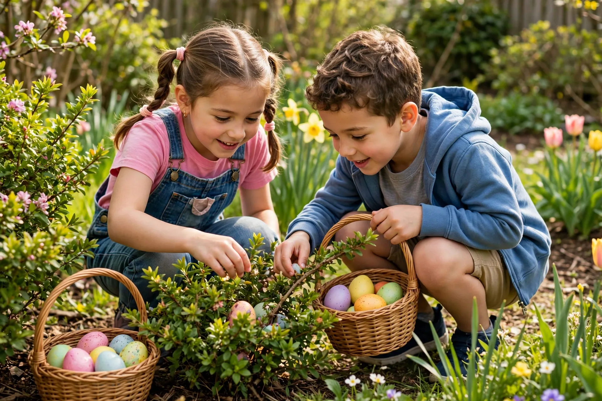 Two young kids with Easter baskets finding colorful eggs hidden under garden shrubs
