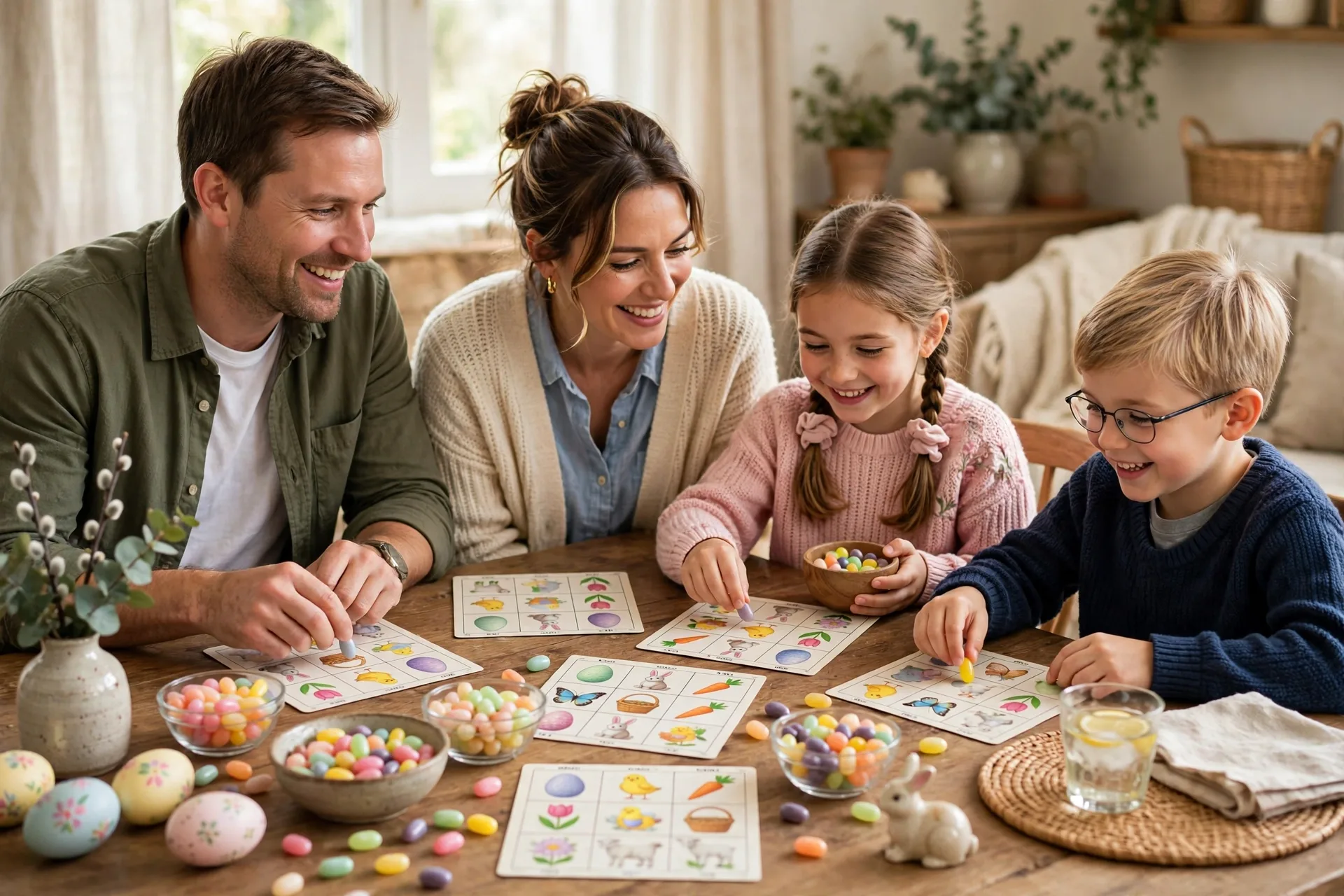 A family playing picture Easter bingo together at a table with jelly beans