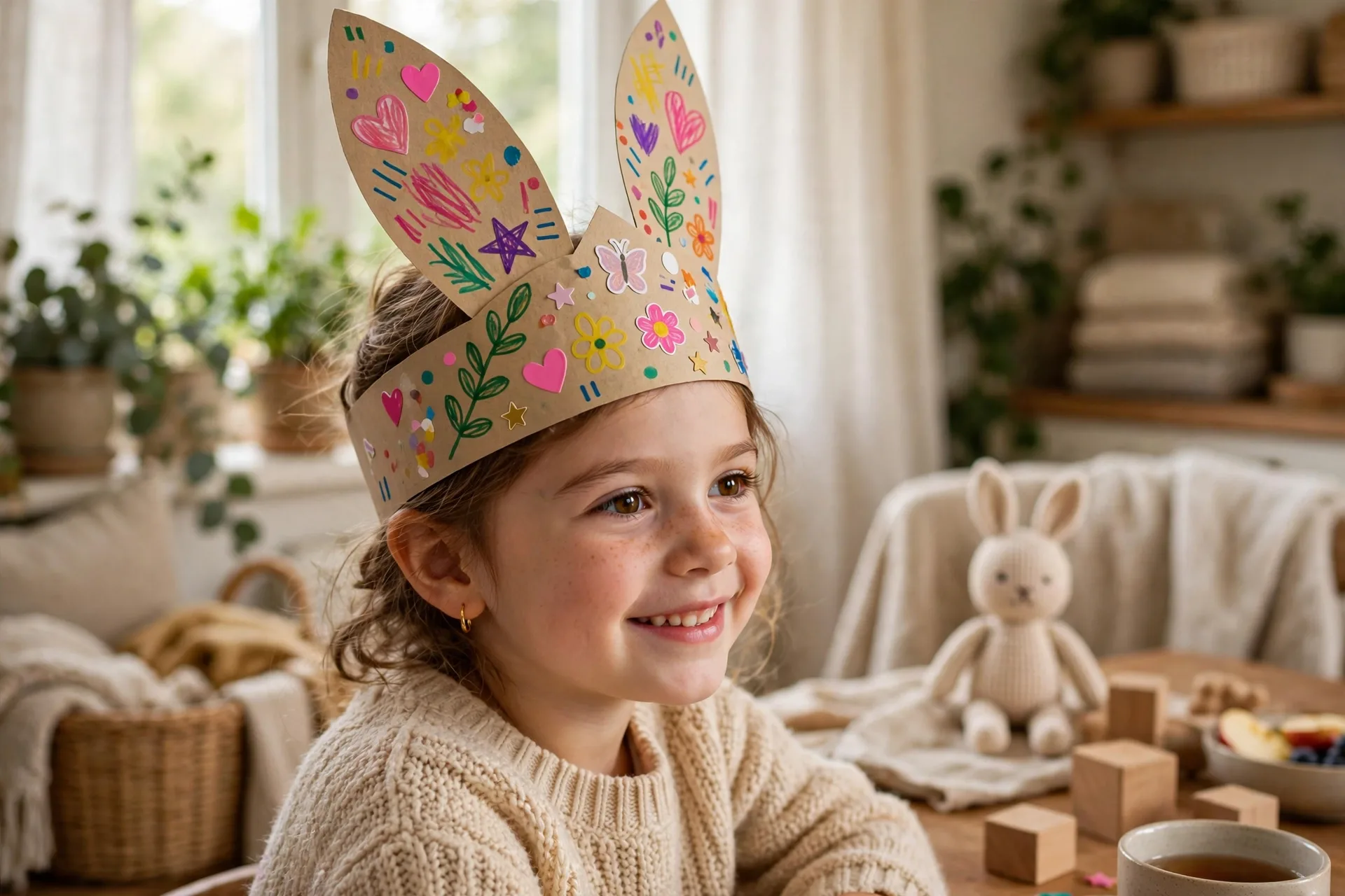 A child wearing a paper bunny ear crown decorated with markers and stickers