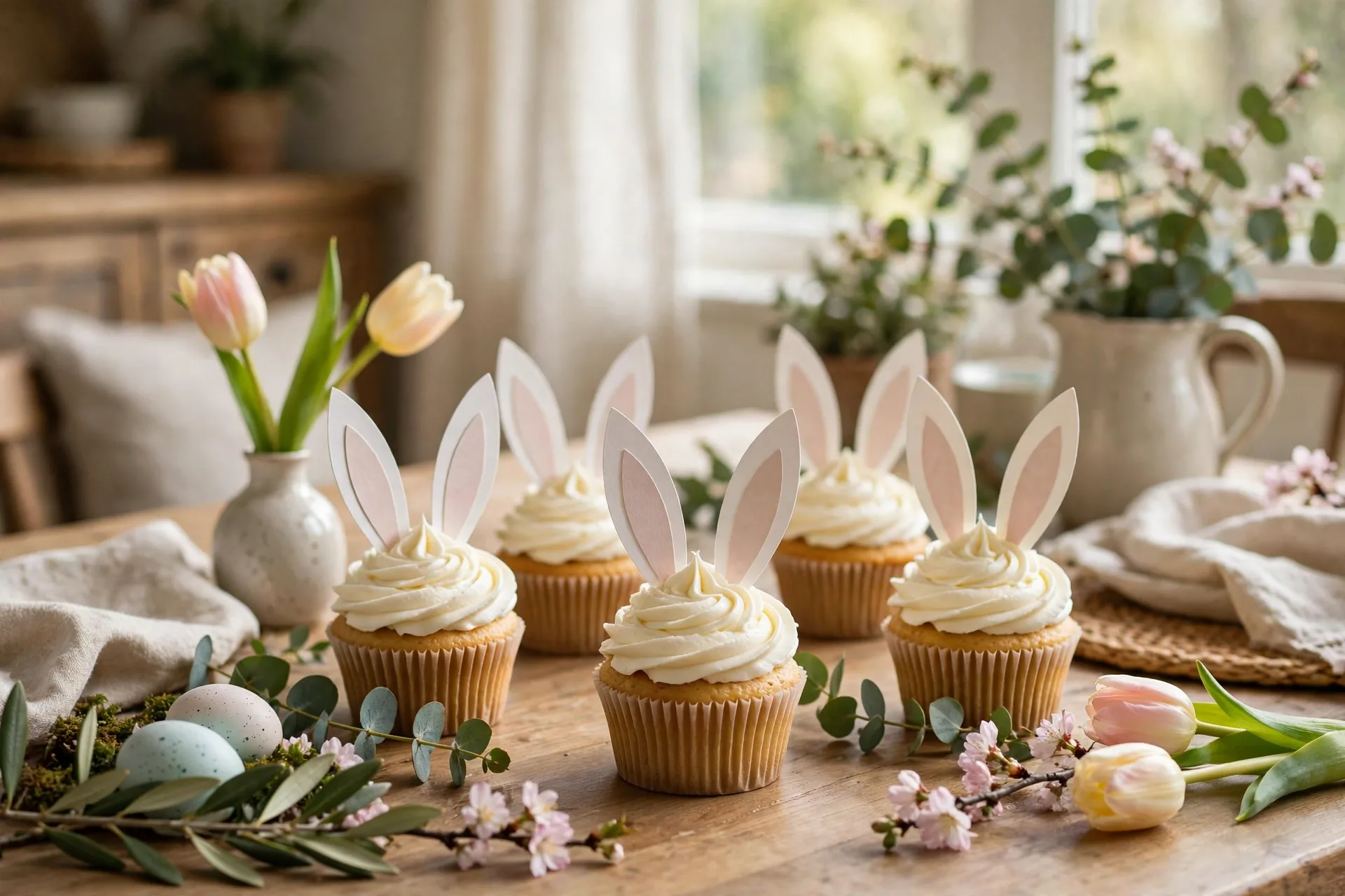 Cupcakes decorated with white frosting and paper bunny ears on a spring dessert table