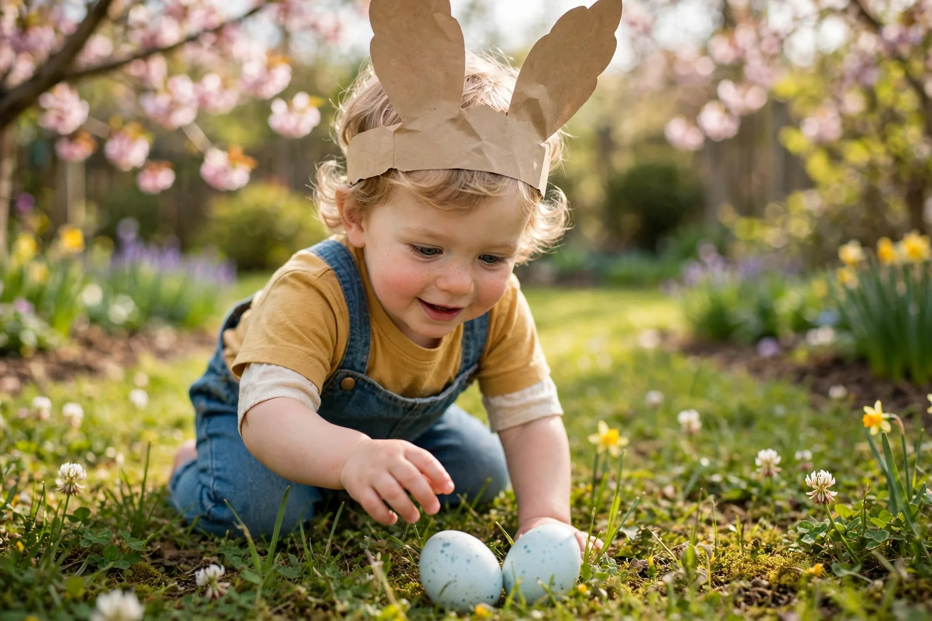 A toddler wearing paper bunny ears finding a matching pair of Easter eggs in the grass
