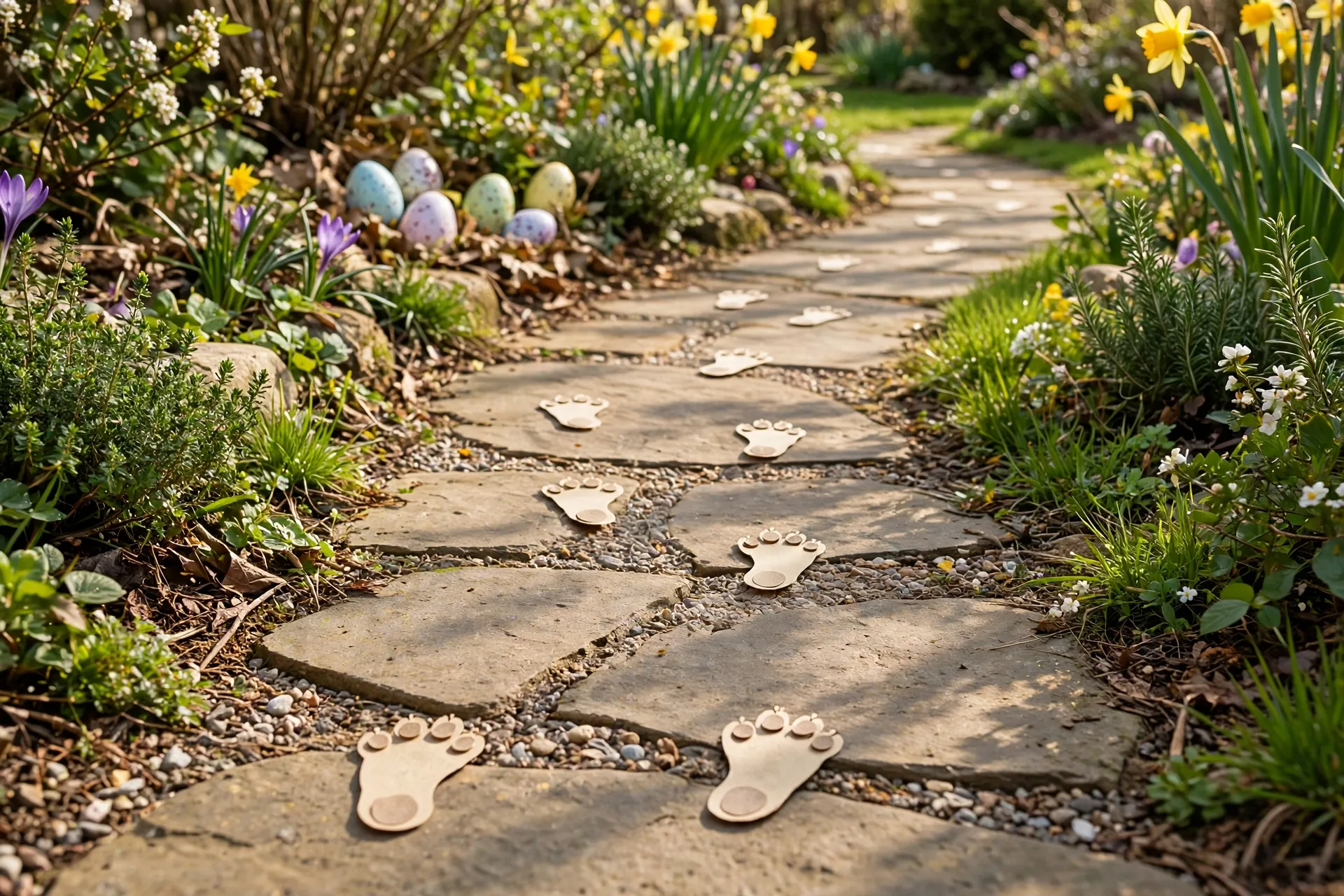 Paper bunny footprints leading along a garden path toward hidden Easter eggs