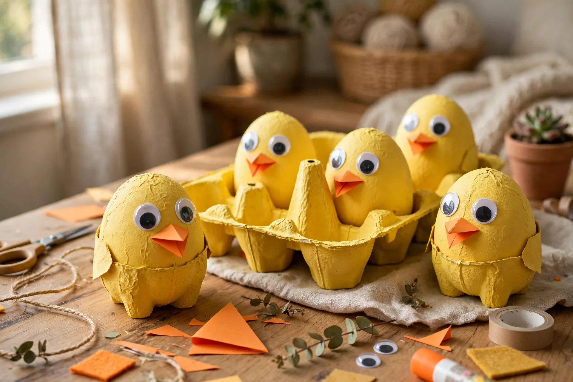 Yellow egg carton chicks with orange paper beaks and googly eyes on a craft table