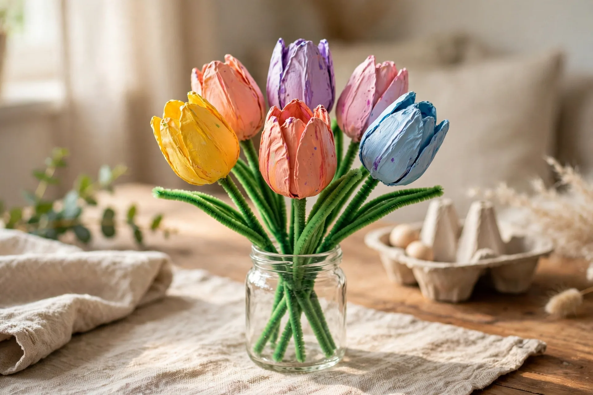 Bright painted egg carton tulips with green pipe cleaner stems in a small jar