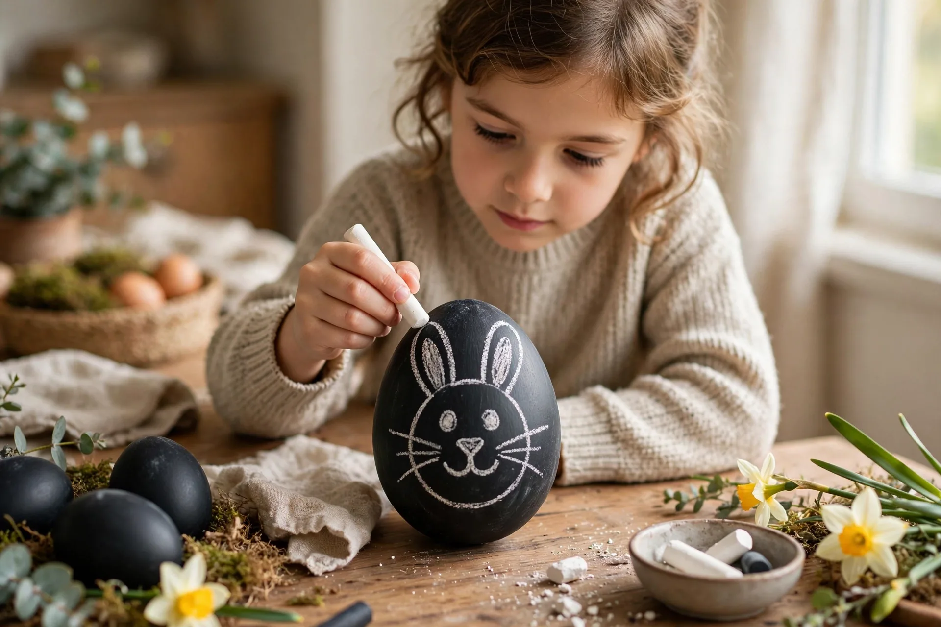 A child drawing a bunny face in chalk on a black chalkboard-painted Easter egg