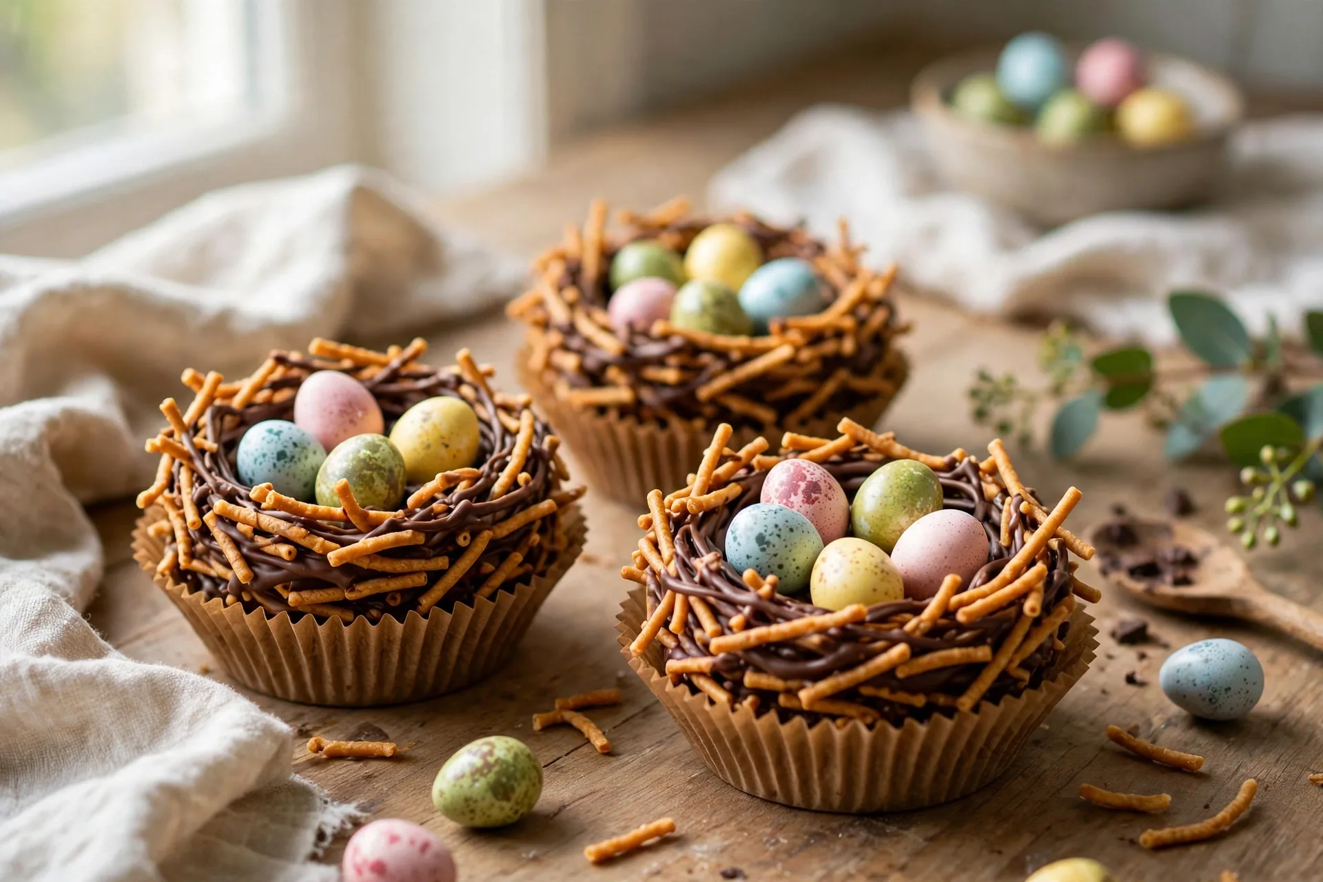 Chocolate nests with crunchy noodles and mini eggs in cupcake liners