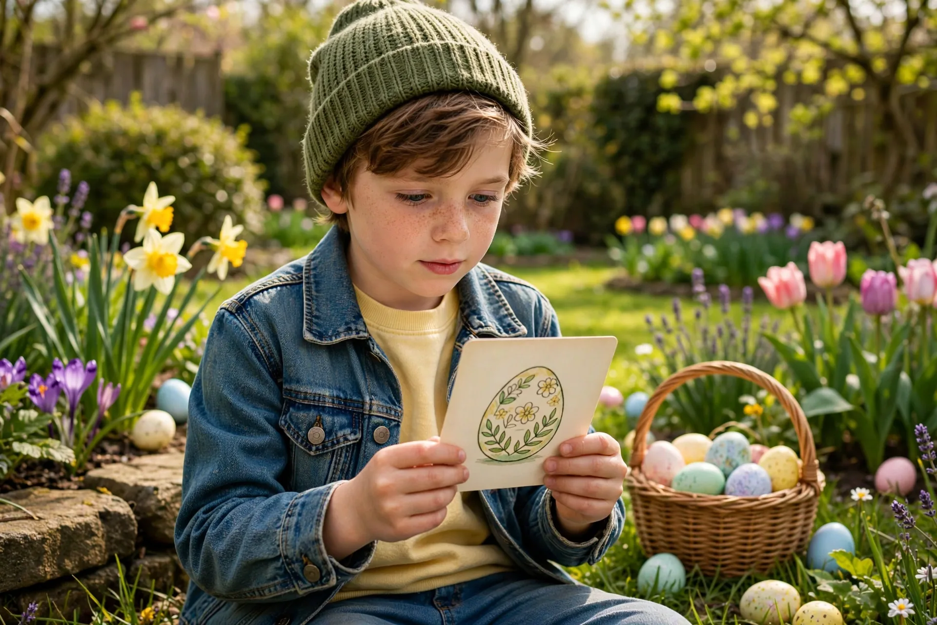 A child reading a picture clue card during an Easter egg hunt in the garden