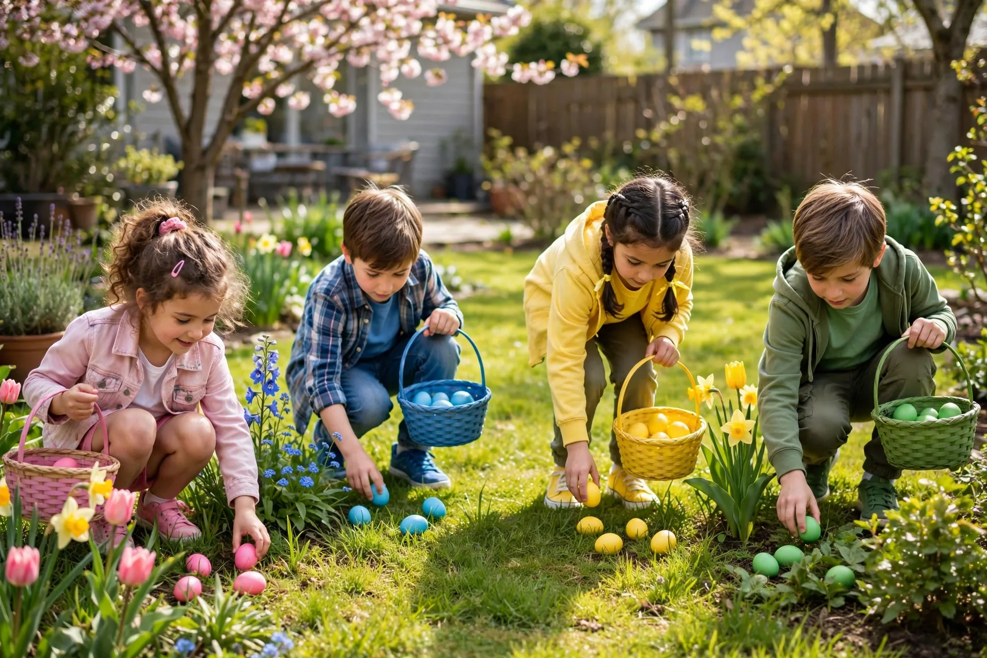 Children hunting for Easter eggs in one color each across a sunny backyard