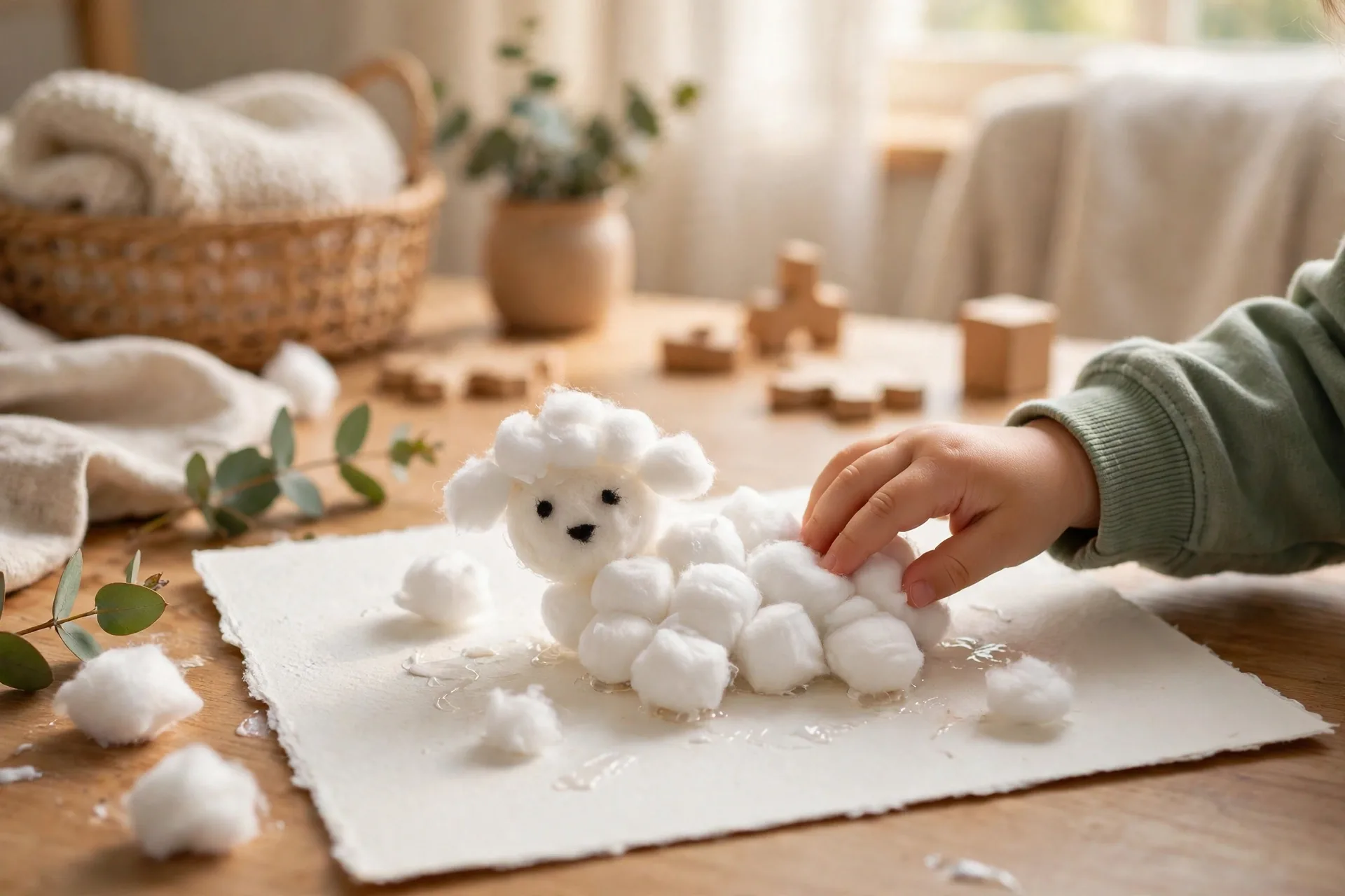 A fluffy cotton ball lamb craft glued onto paper by a toddler