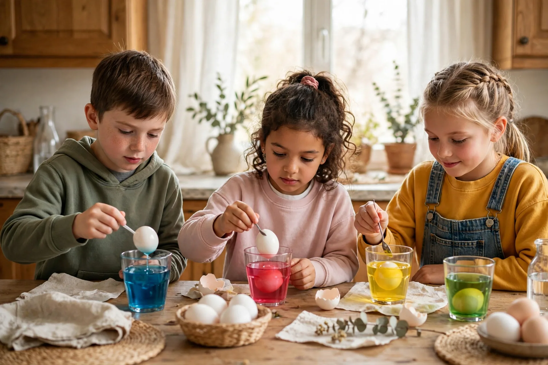 Kids dyeing Easter eggs in cups of colored water at a kitchen table