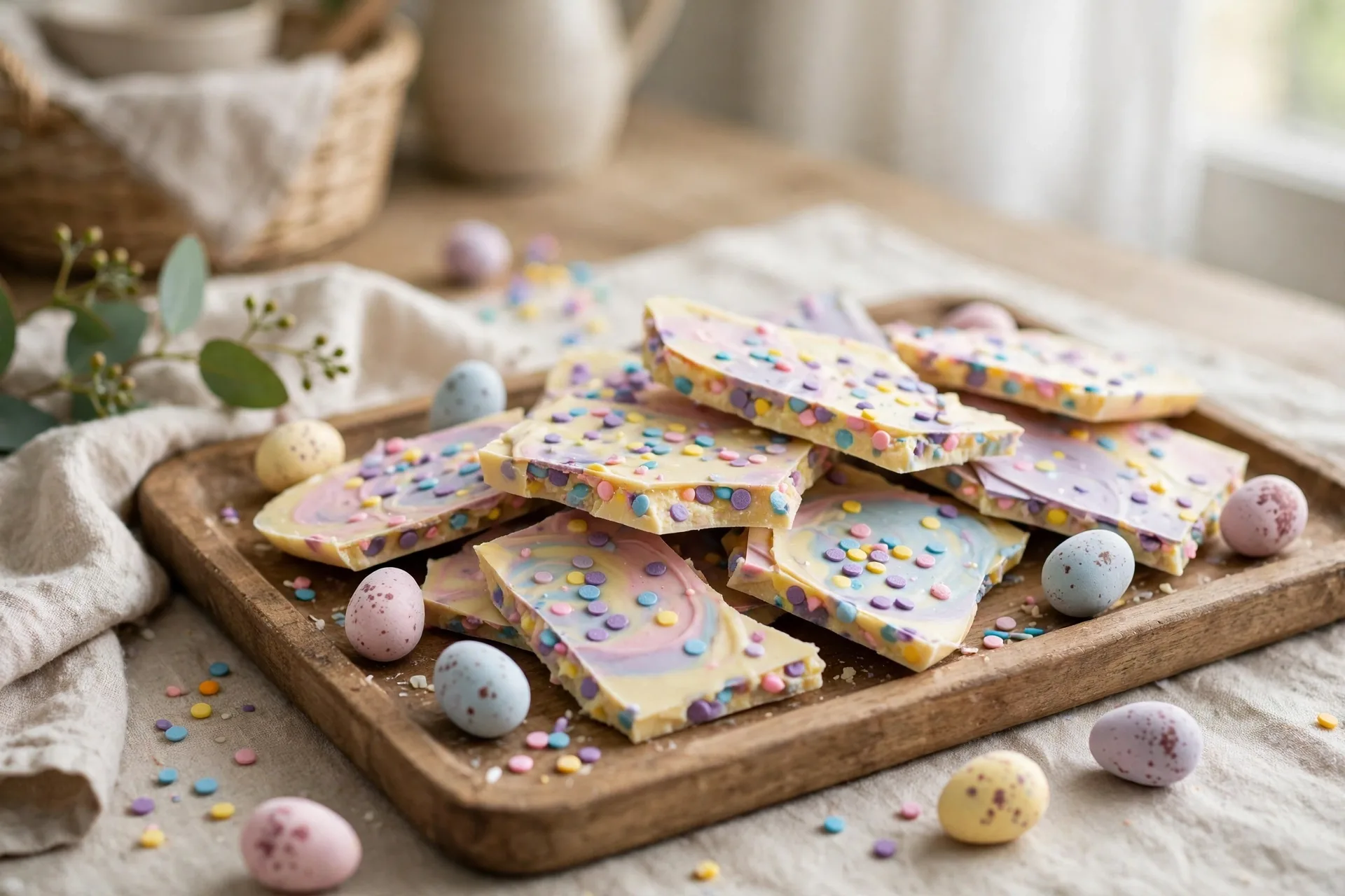 Pastel Easter bark broken into pieces on a tray with sprinkles and mini eggs