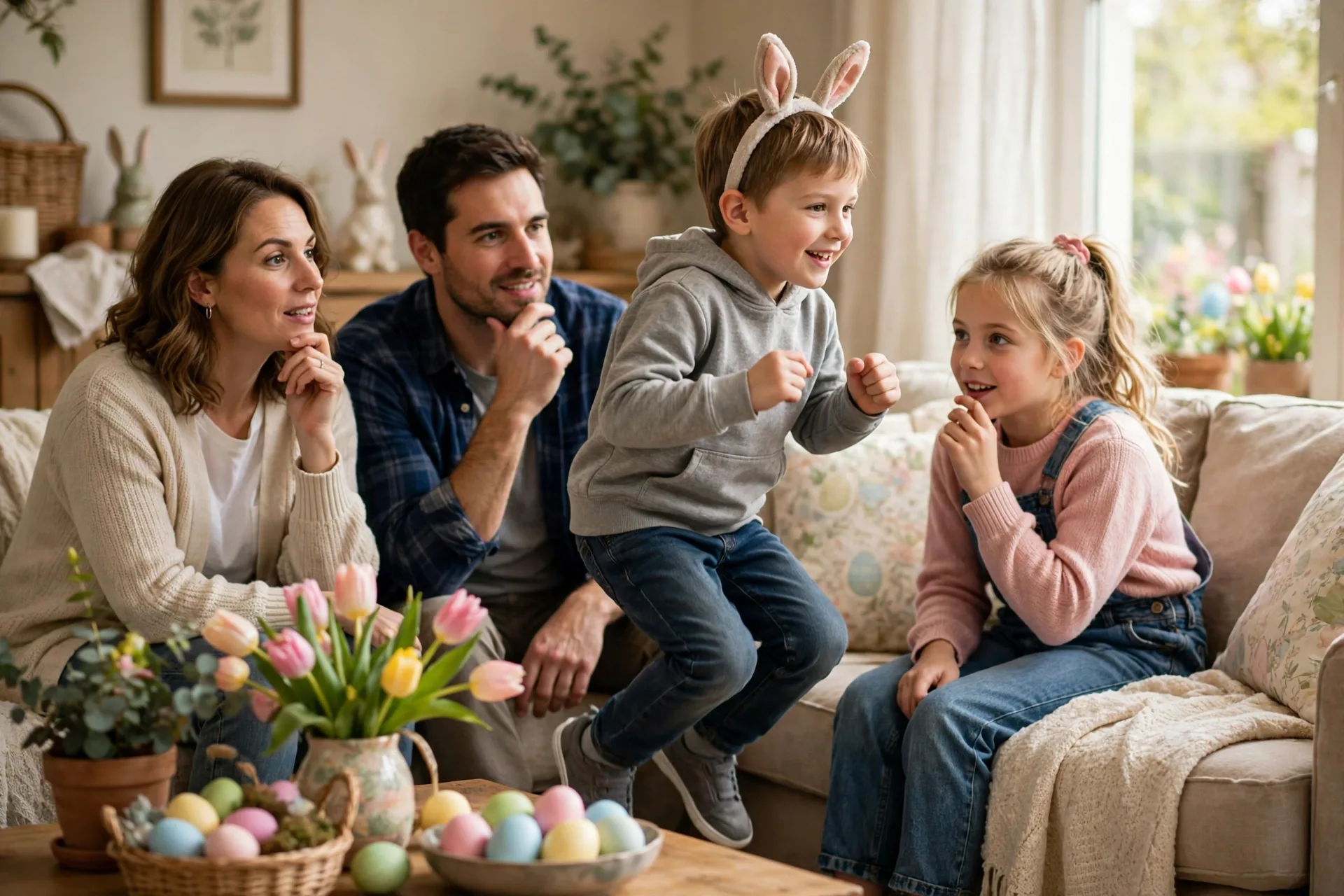 A child acting out a hopping bunny while family members guess during Easter charades