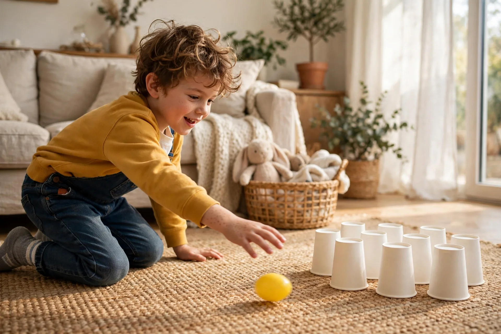 A child rolling a plastic egg toward a row of paper cup pins on the living room floor