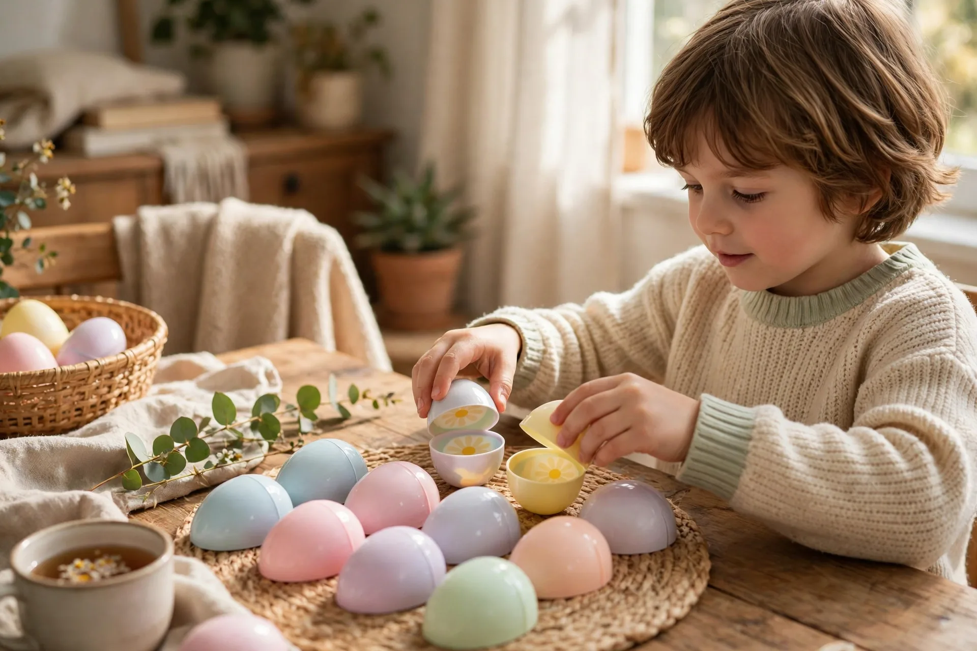 A child turning over two plastic Easter eggs in a memory matching game on a table
