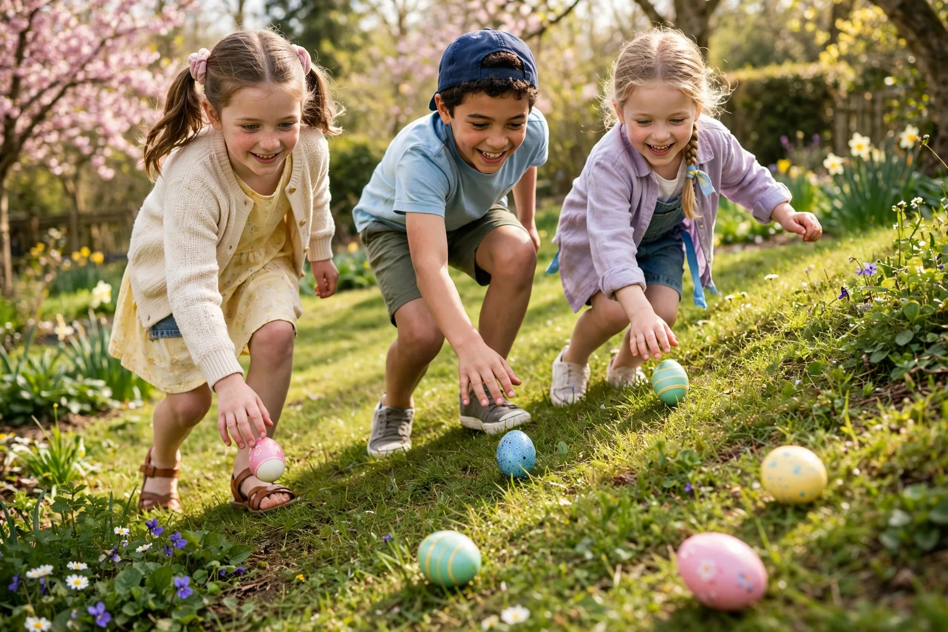 Children rolling decorated hard-boiled eggs down a gentle grassy slope