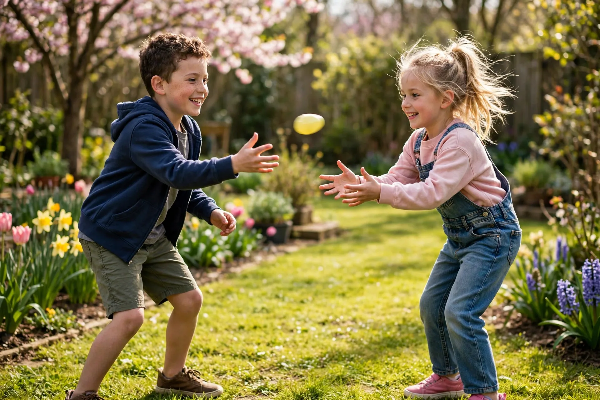 Two kids gently tossing a plastic Easter egg back and forth on a sunny lawn