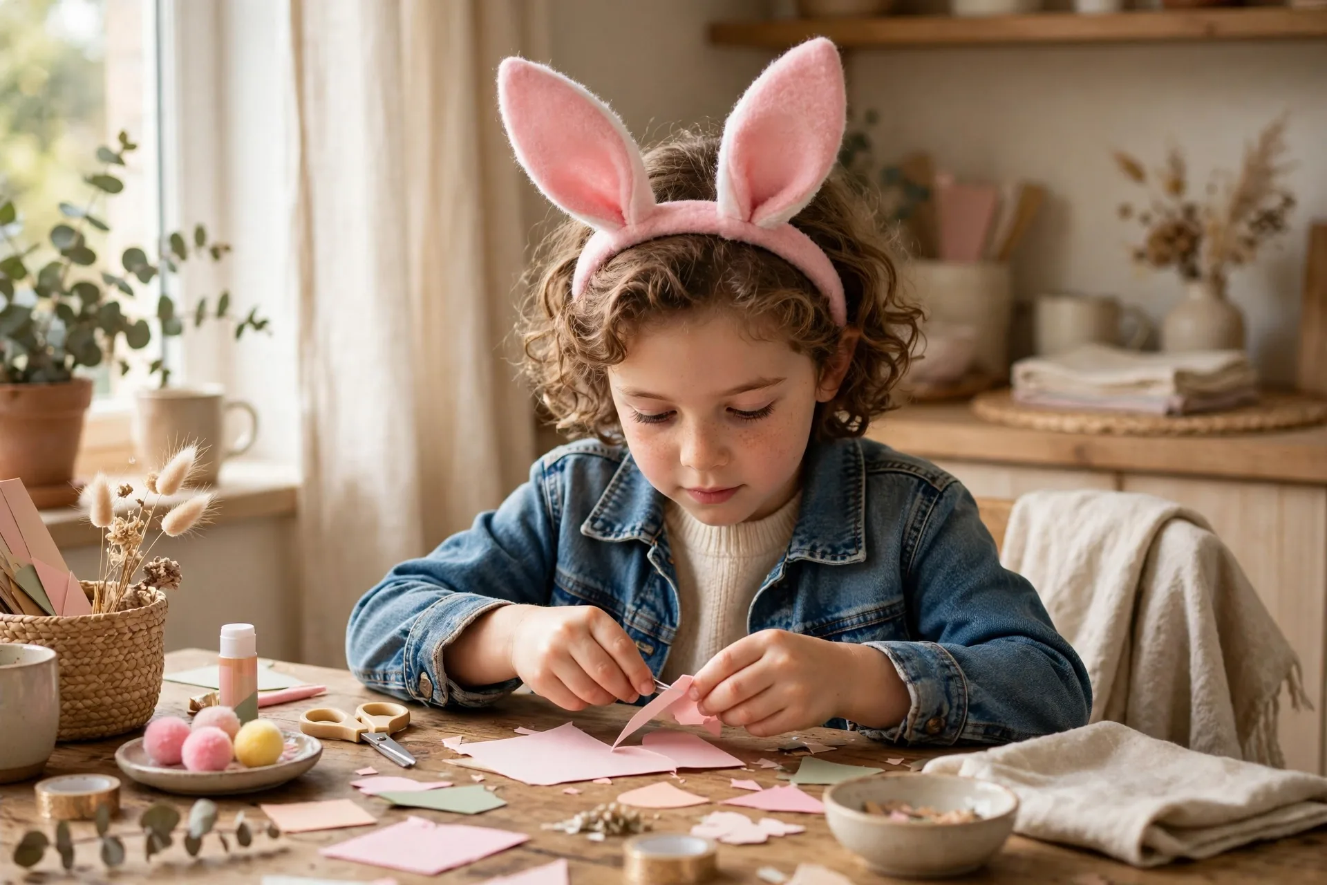 A child wearing soft pink felt bunny ears on a headband while crafting at a table
