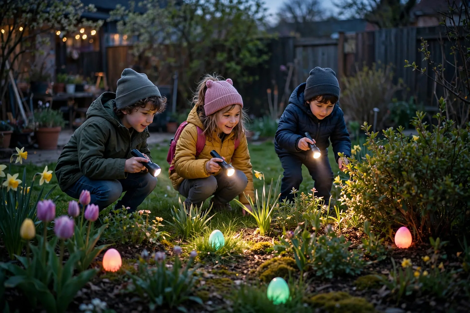 Kids with flashlights hunting for glowing Easter eggs in a dark backyard at dusk