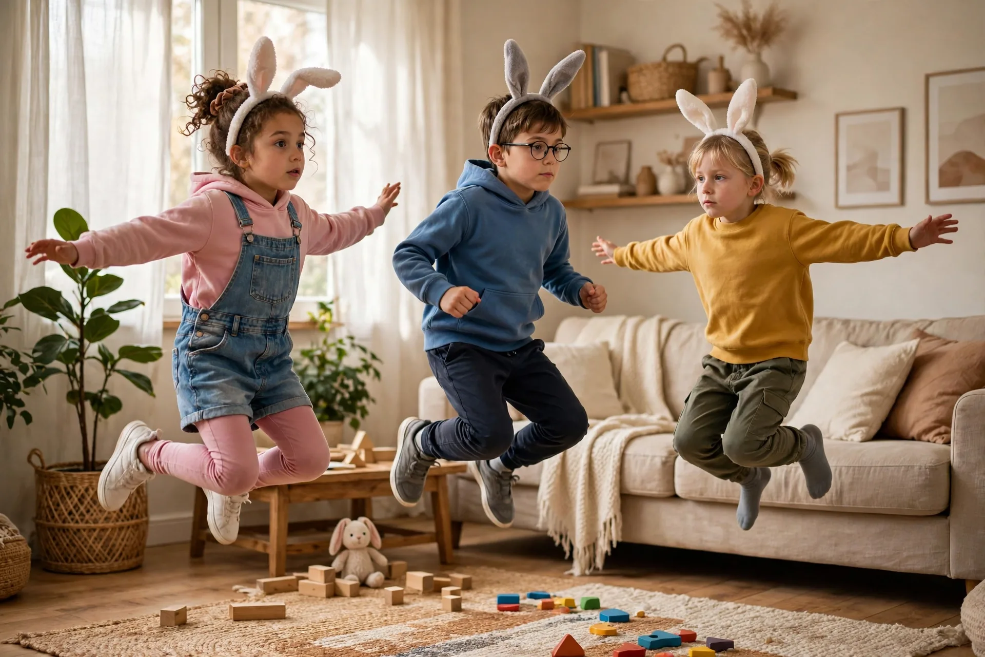 Kids frozen mid-hop like bunnies during a freeze dance game in the living room