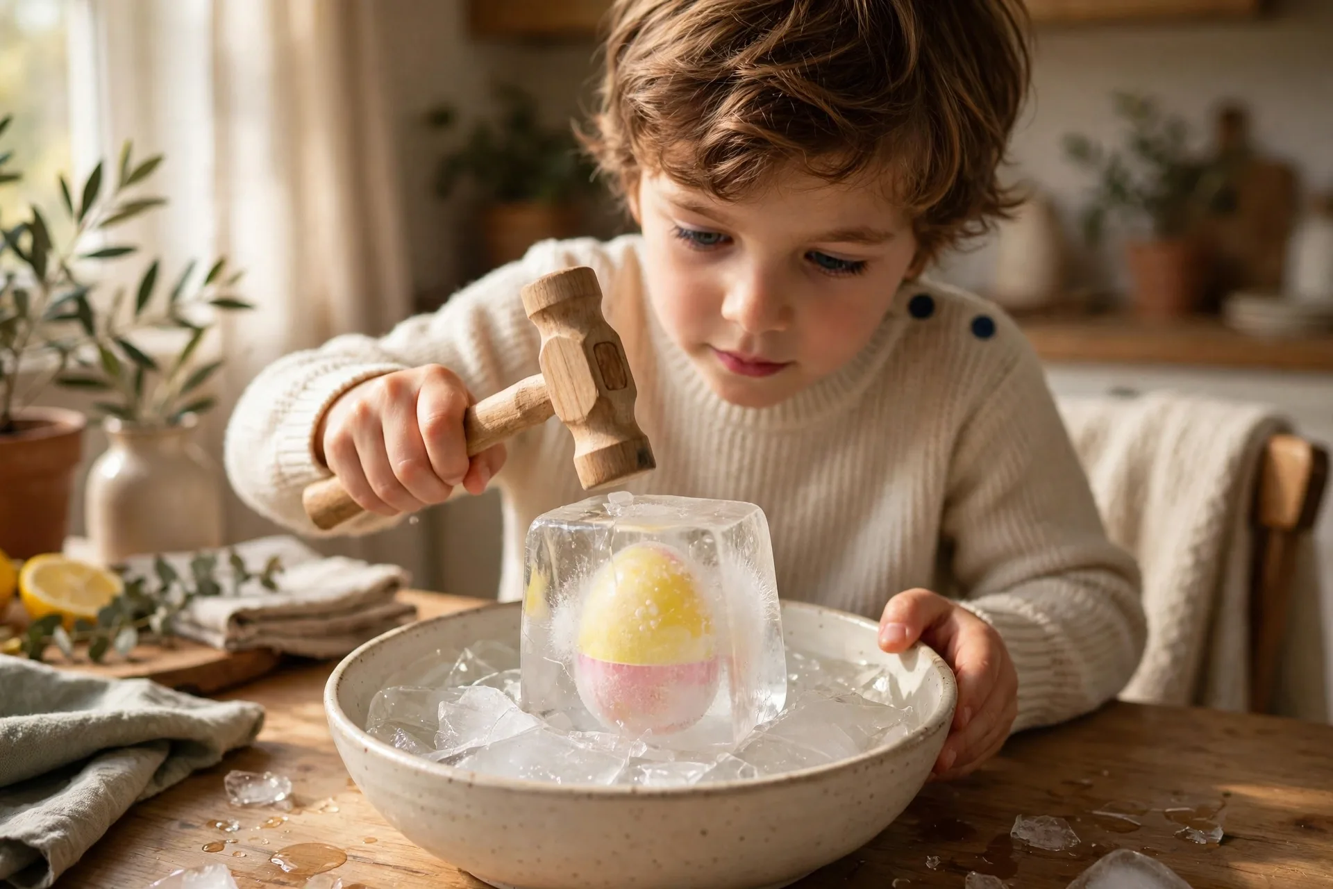 A child cracking open a block of ice to free a frozen plastic Easter egg in a bowl