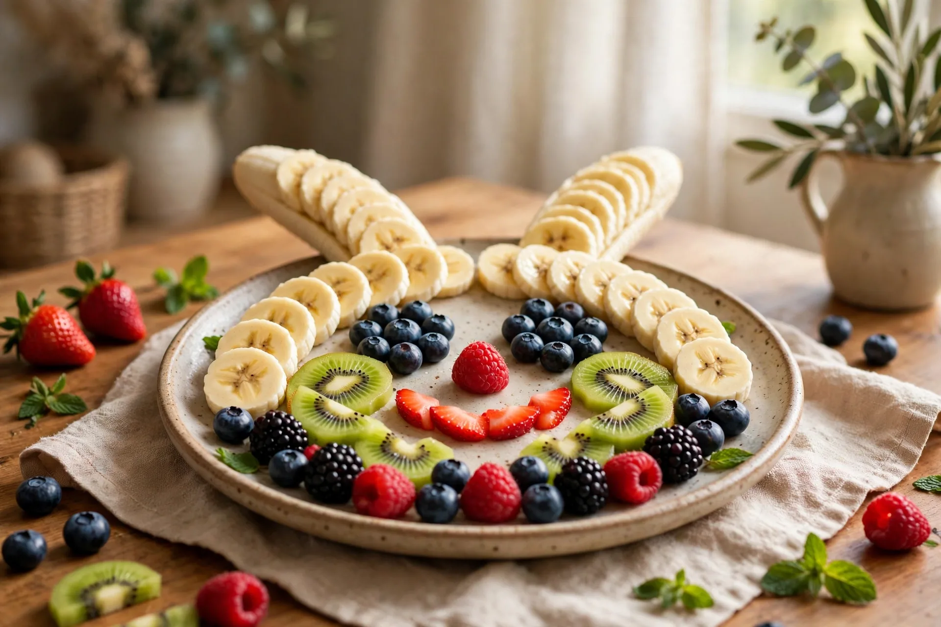 A fruit platter arranged in the shape of a bunny face with banana ears and berry eyes
