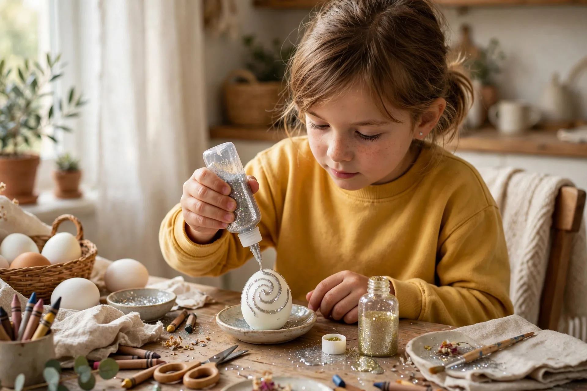 A child drawing swirls of glitter glue onto a hard-boiled egg at a craft table
