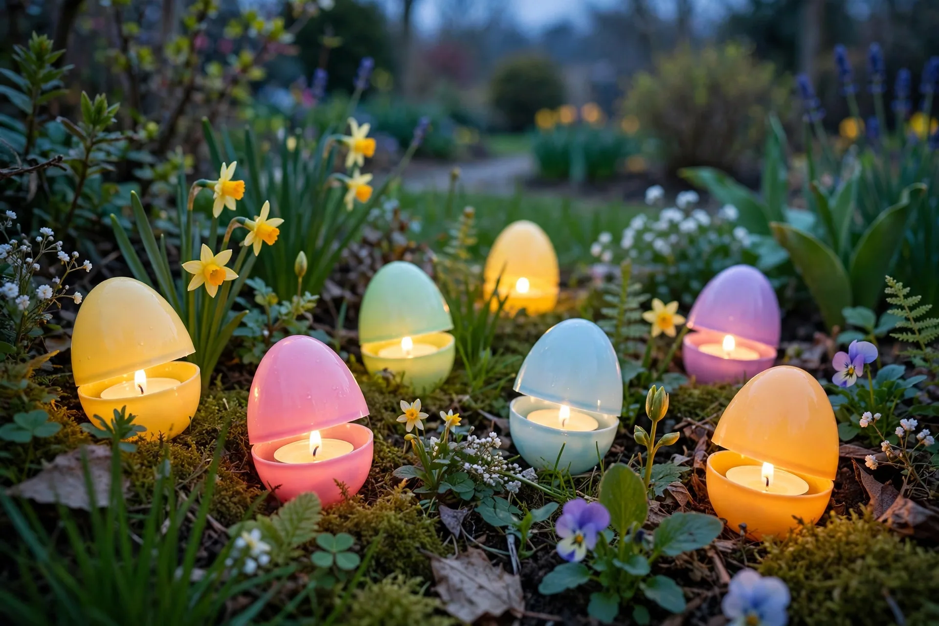 Plastic Easter eggs glowing with tea lights hidden in the garden at dusk