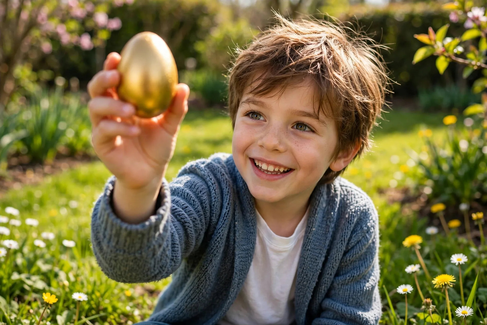 A child holding up a shiny golden Easter egg found hidden in the garden grass