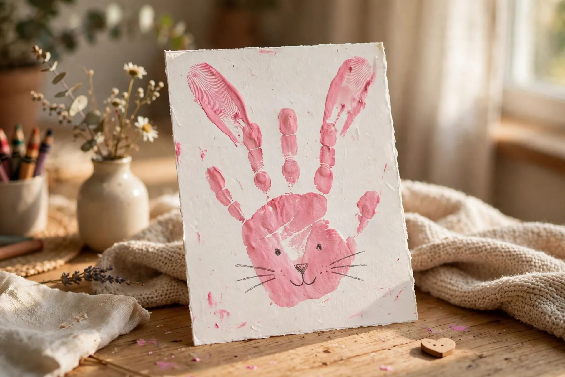 A handprint bunny card with finger ears made by a toddler for grandma