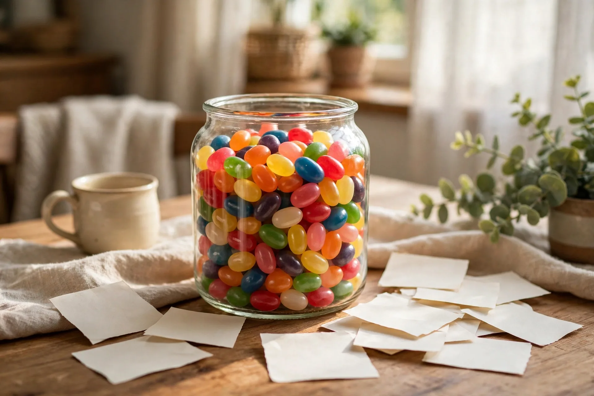 A glass jar full of colorful jelly beans on a table with slips of paper for guessing the count