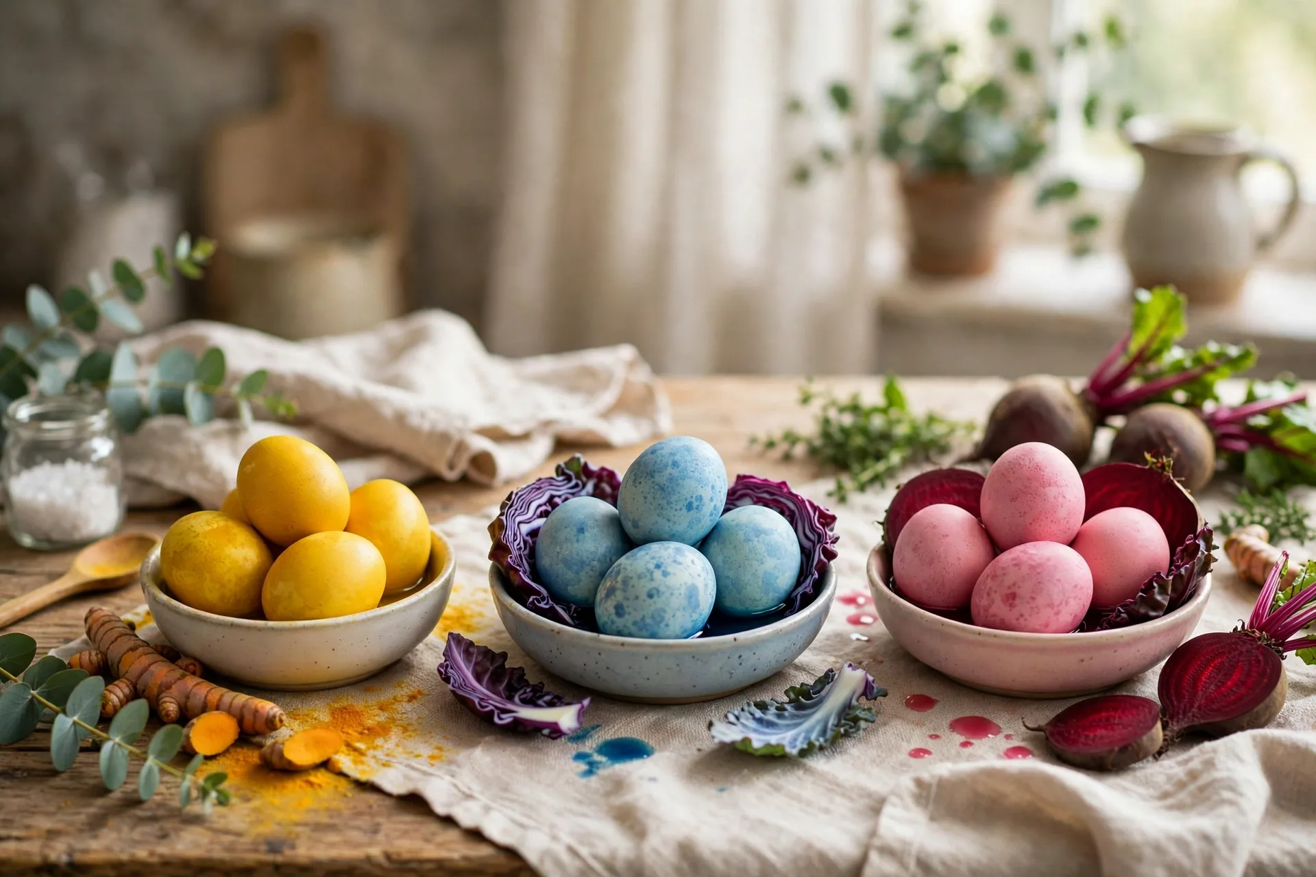 Hard-boiled eggs dyed gold, blue, and pink with turmeric, cabbage, and beet juice
