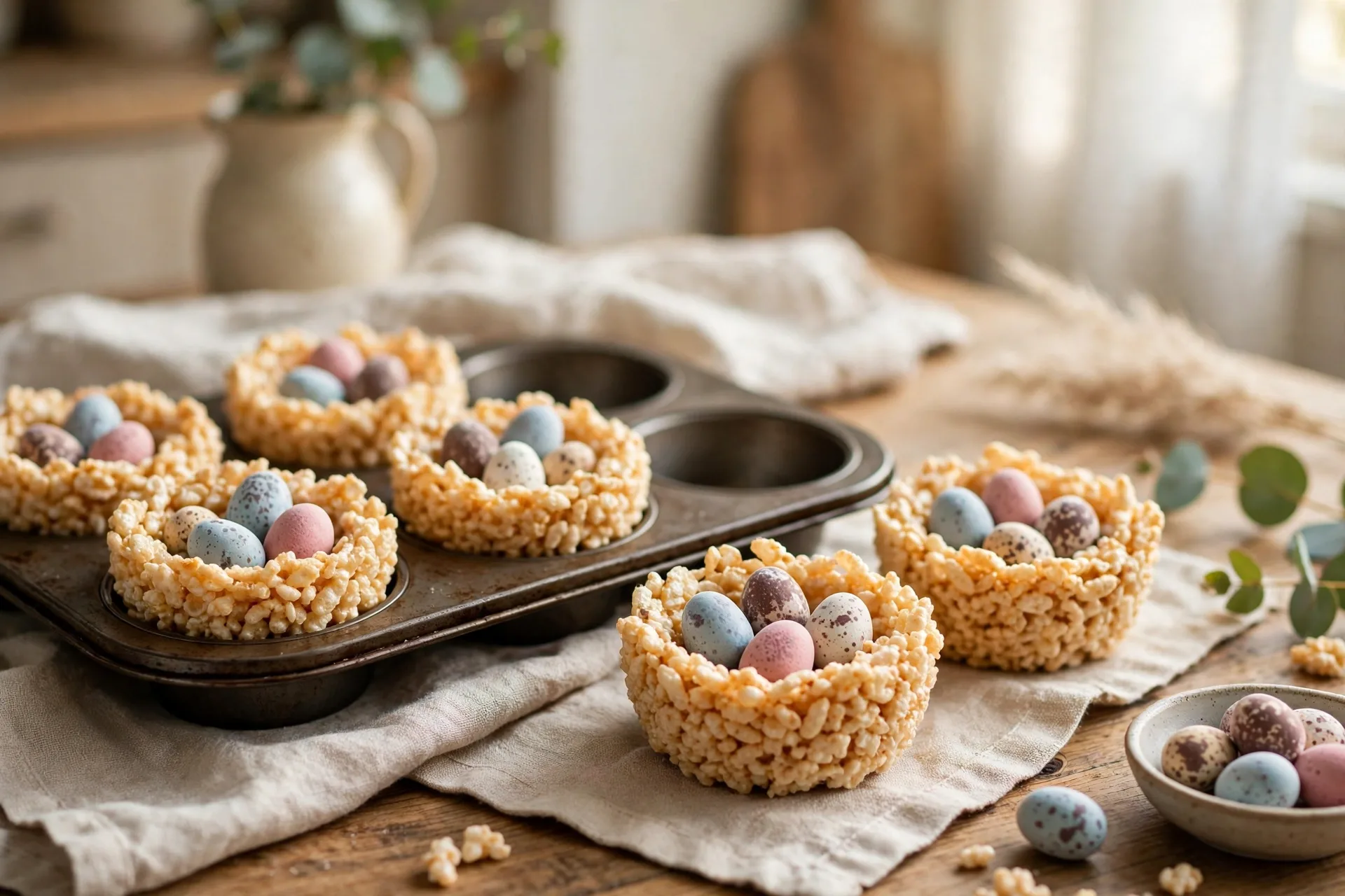 Rice krispie treat nests shaped in muffin cups with mini chocolate eggs inside