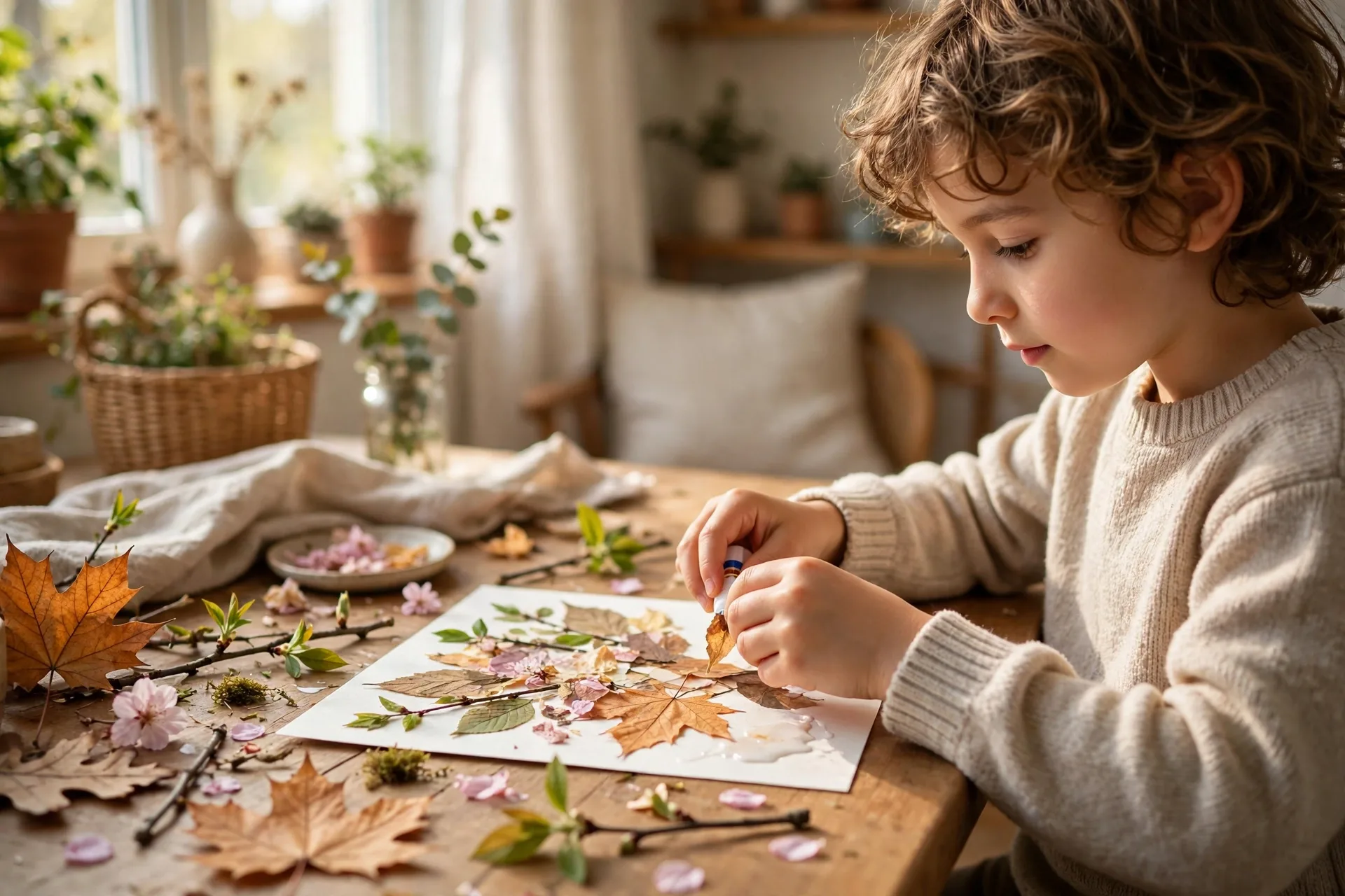 A child gluing leaves, petals, and twigs onto paper to make a spring nature collage