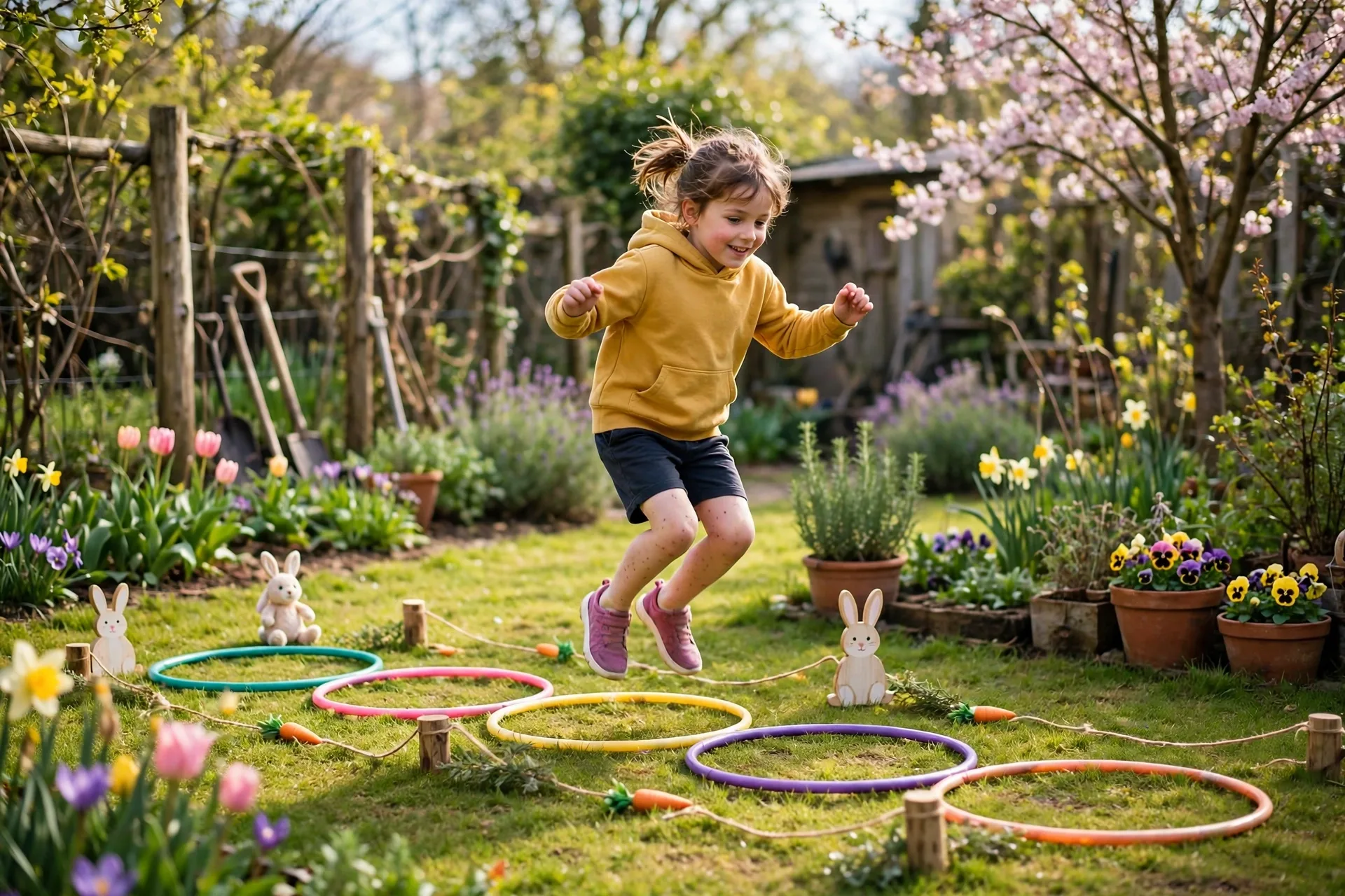 A child hopping through hula hoops in a bunny hop obstacle course in the yard