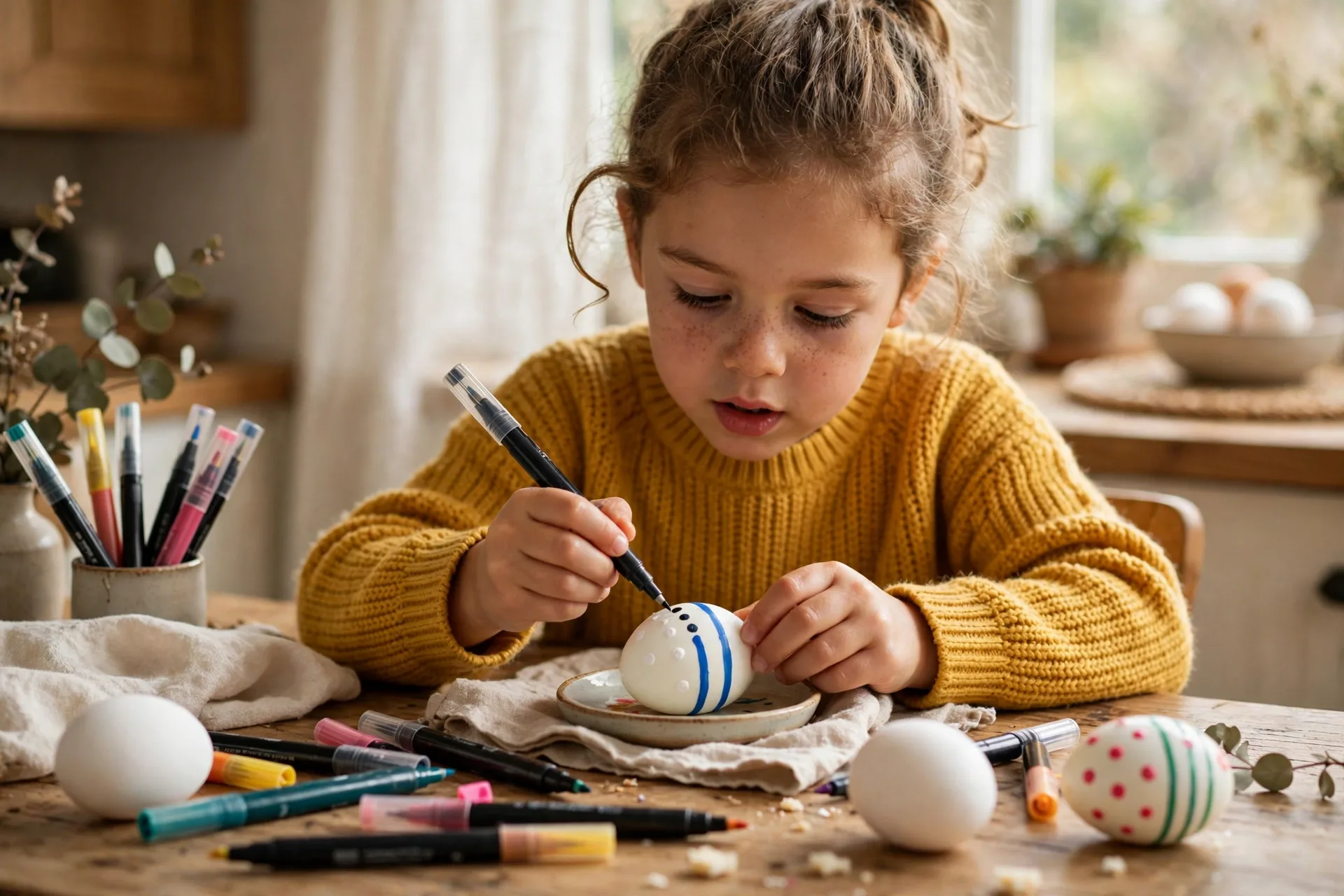 A child drawing dots and stripes on a hard-boiled egg with acrylic paint pens