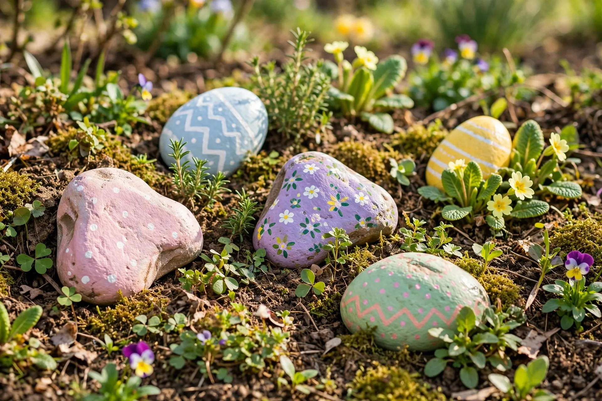 Smooth rocks painted like decorated Easter eggs hidden in a garden bed