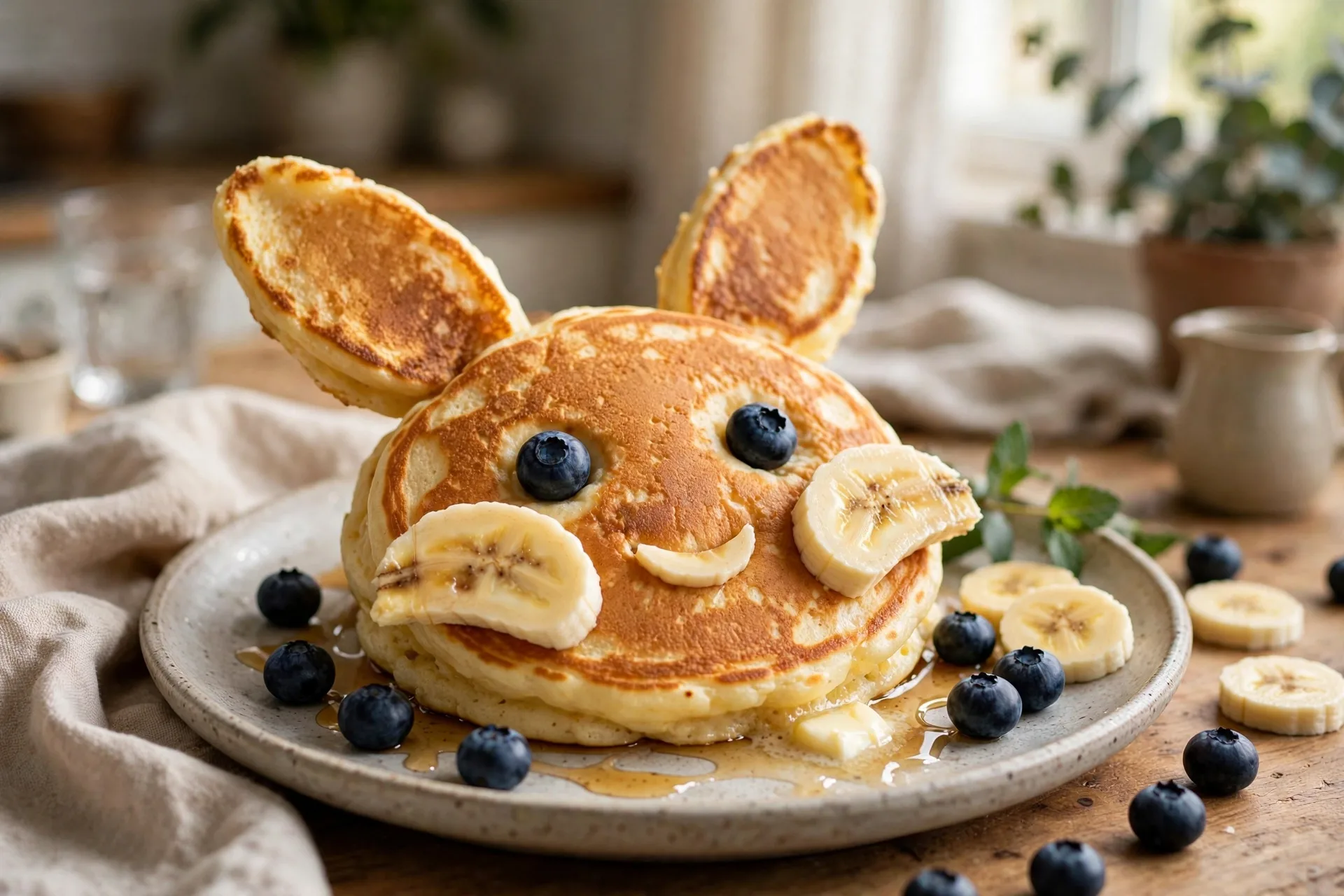 Bunny shaped pancakes with banana cheeks and blueberry eyes on a breakfast plate