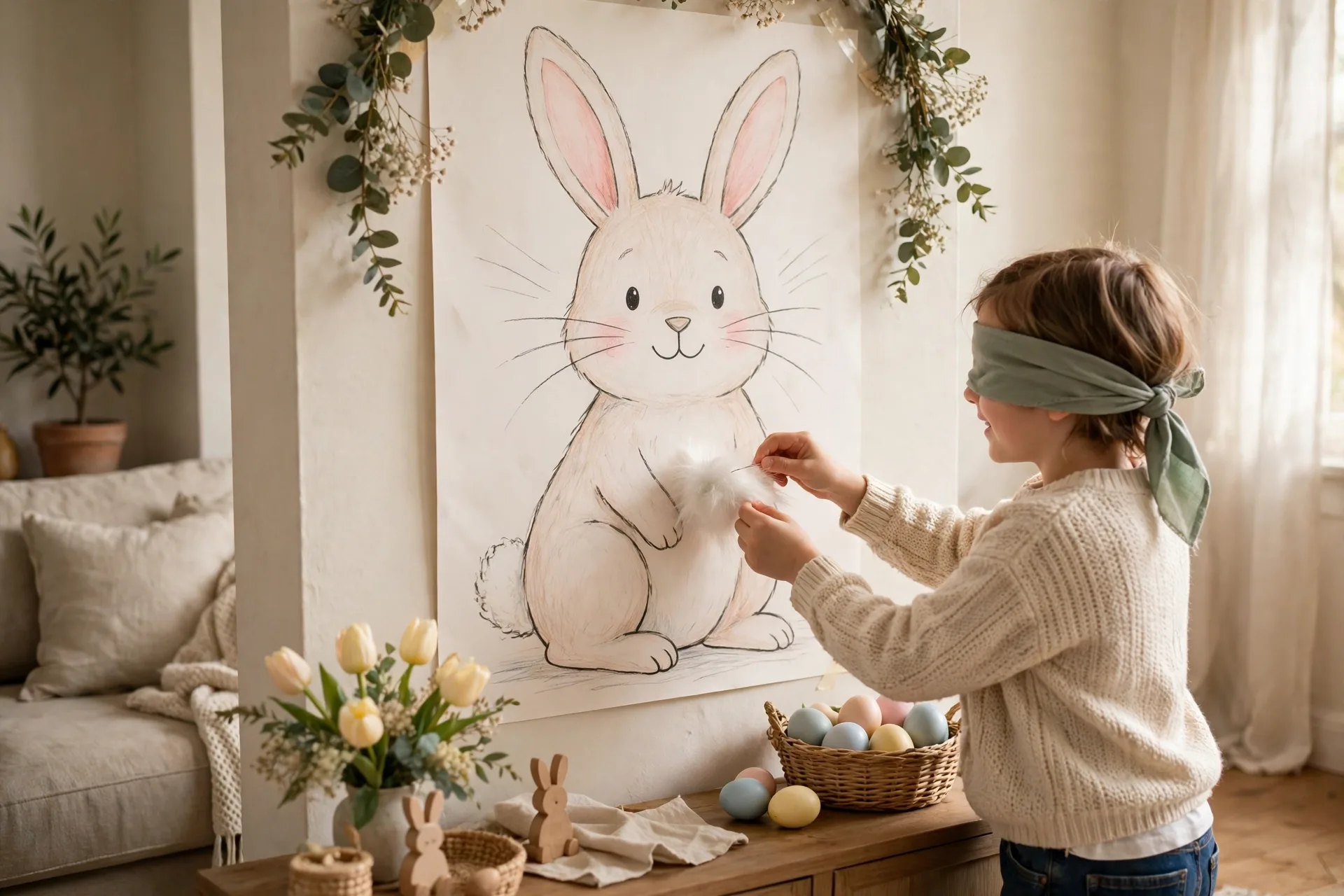 A blindfolded child pinning a fluffy tail onto a big paper bunny poster at an Easter party