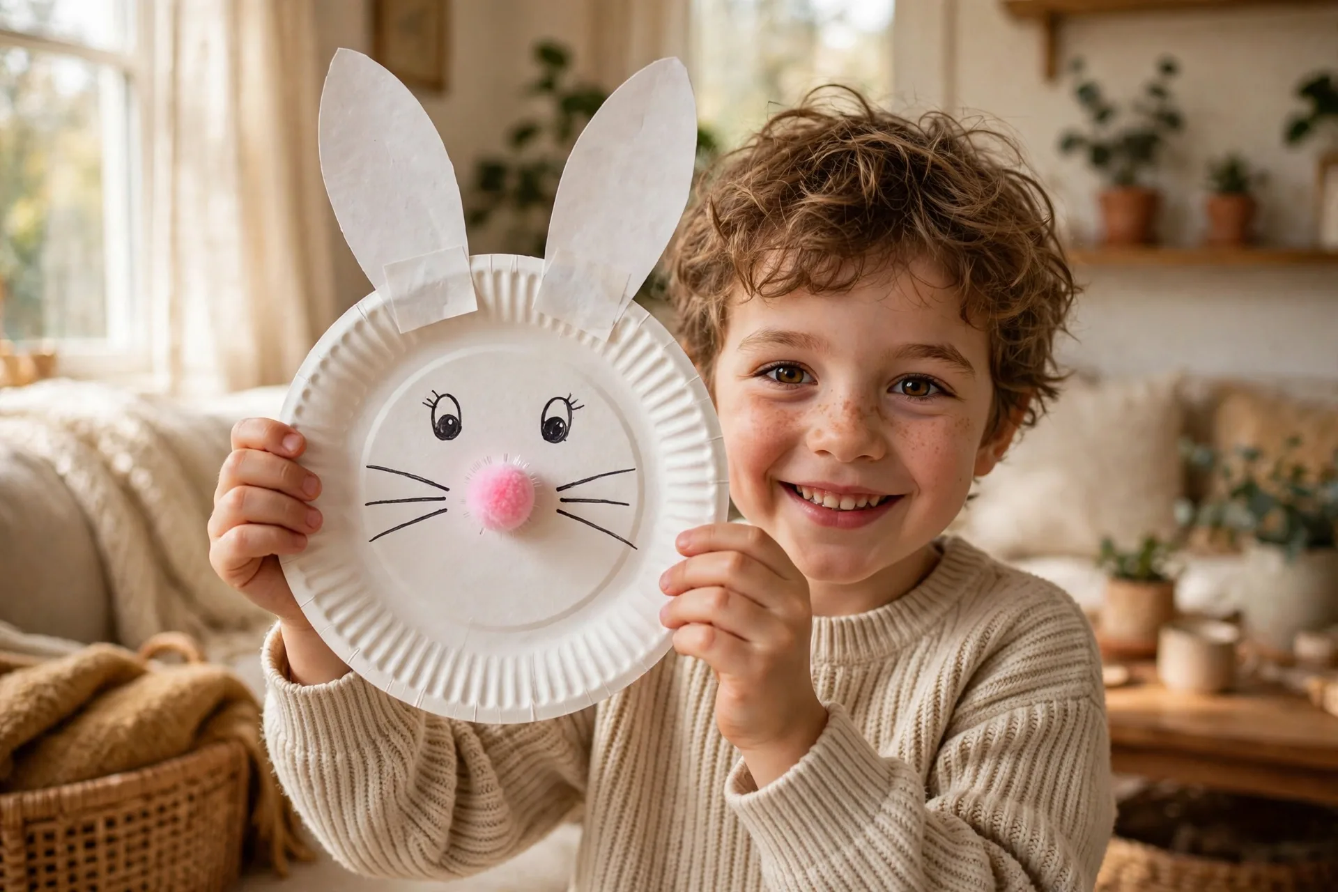 A child holding up a paper plate bunny face with paper ears and a pink pom-pom nose