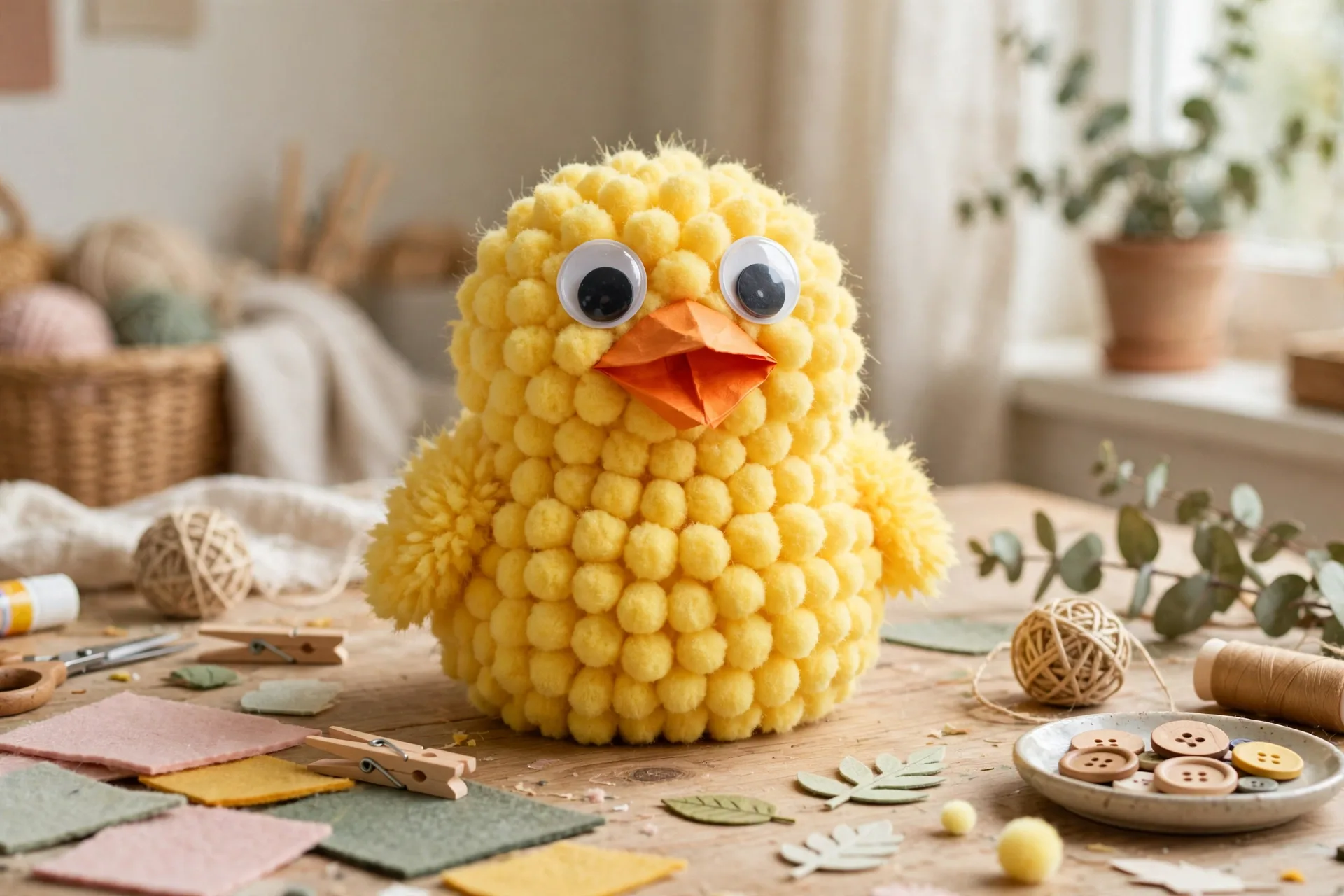 A fluffy yellow pom-pom chick with an orange paper beak and googly eyes on a craft table