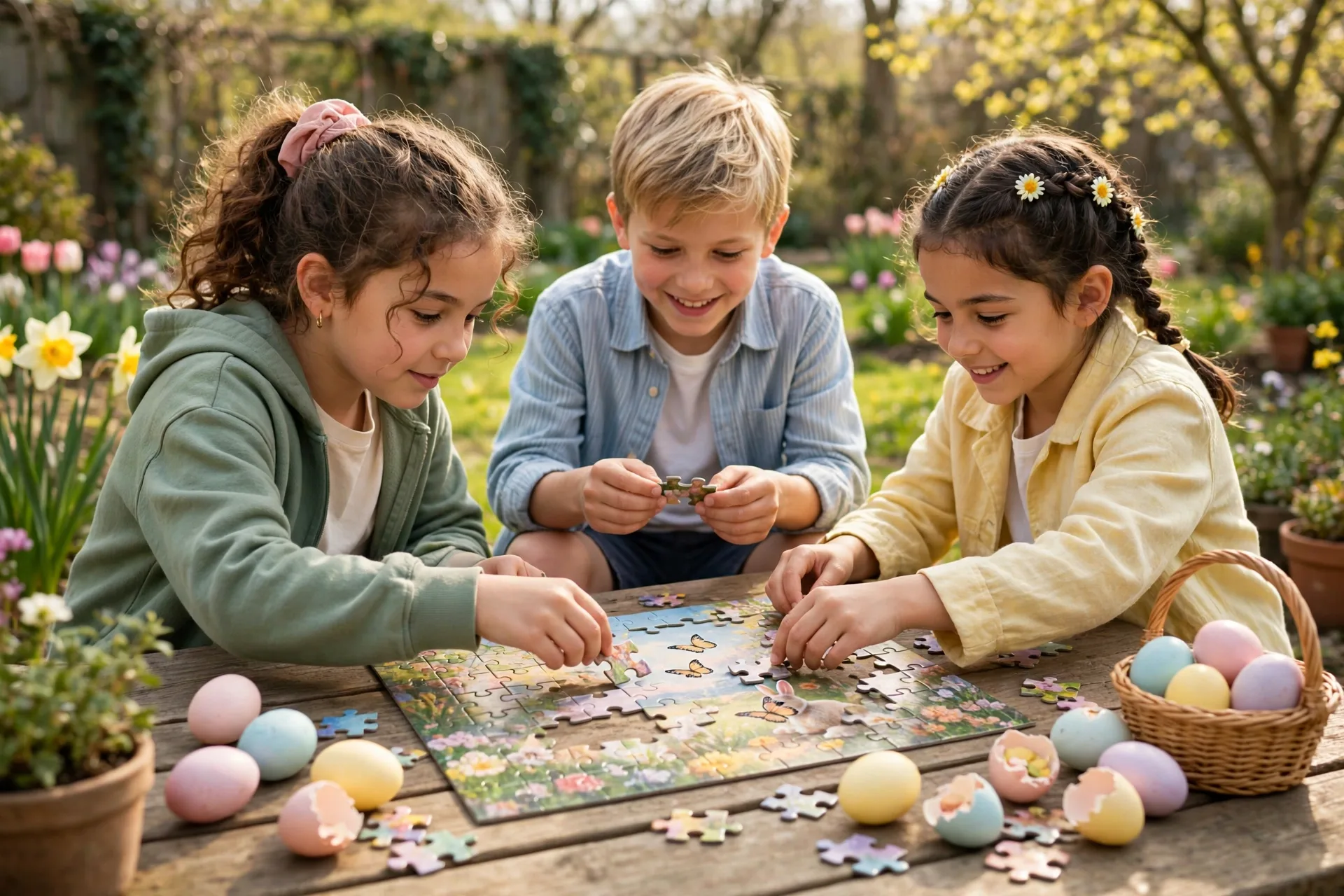 Kids building a jigsaw puzzle together after finding the pieces in Easter eggs