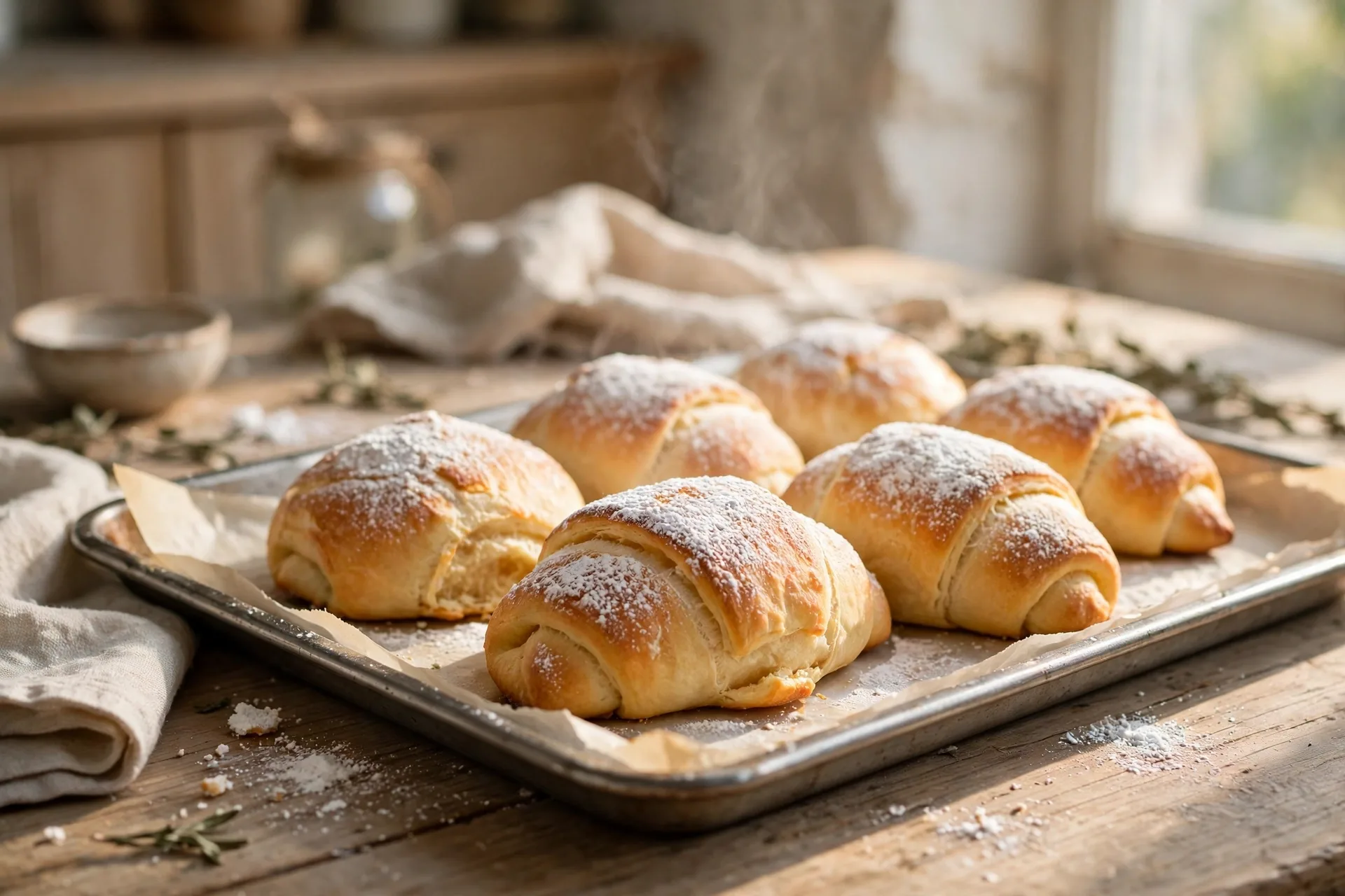 Golden resurrection rolls dusted with sugar on a baking tray fresh from the oven