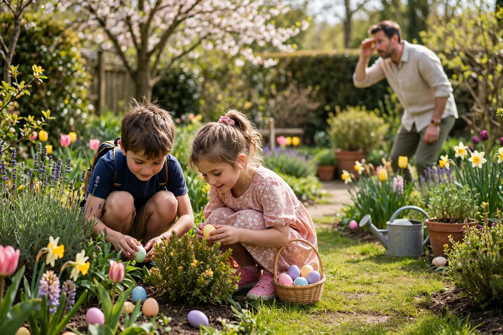 Kids hiding Easter eggs in the garden while a grown-up pretends to search