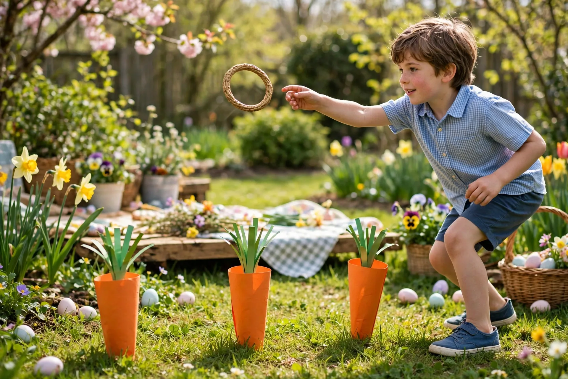 A child tossing a ring toward orange paper carrot cones on the grass at an Easter party