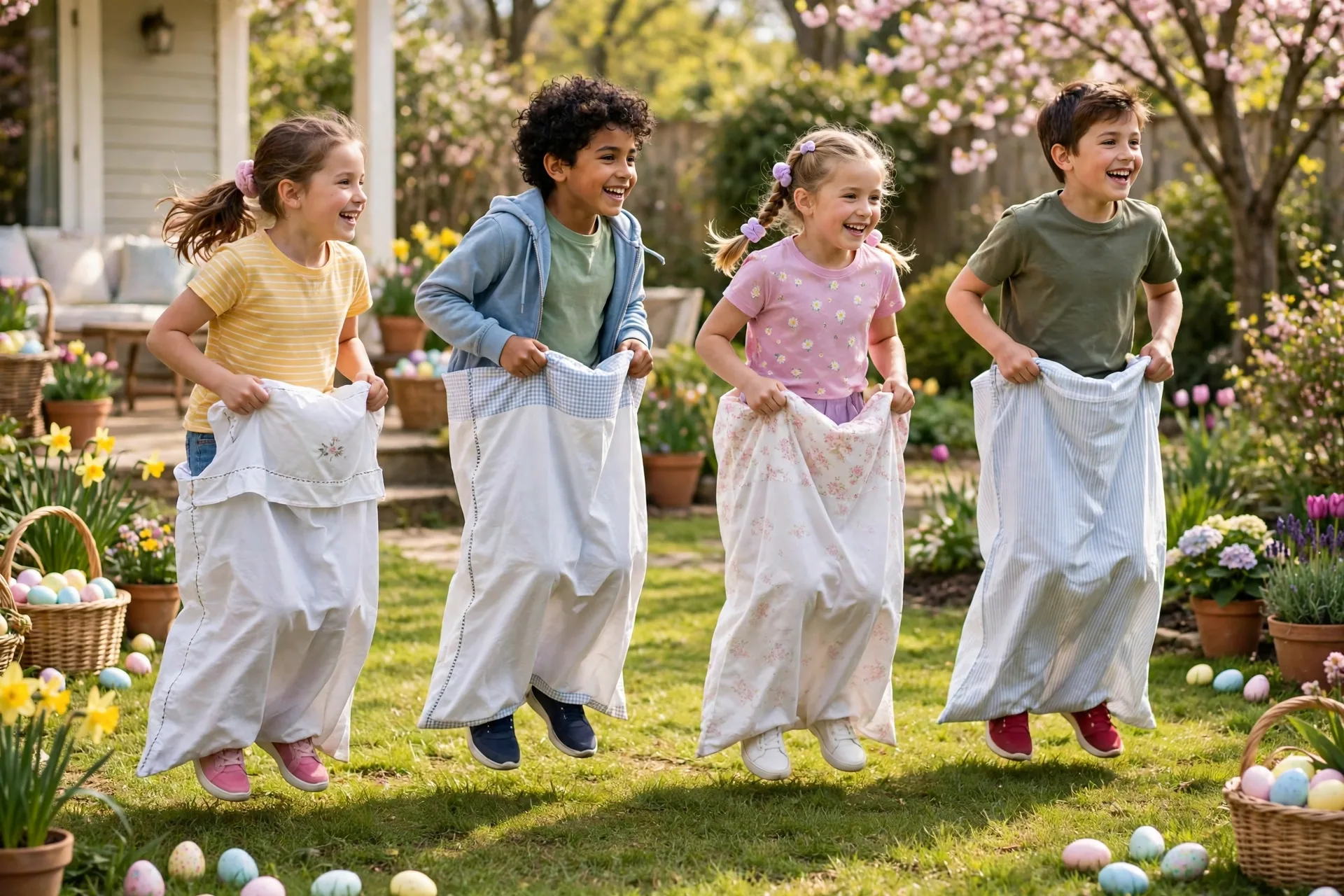 Kids hopping in pillowcases across a lawn in a bunny hop sack race at an Easter party