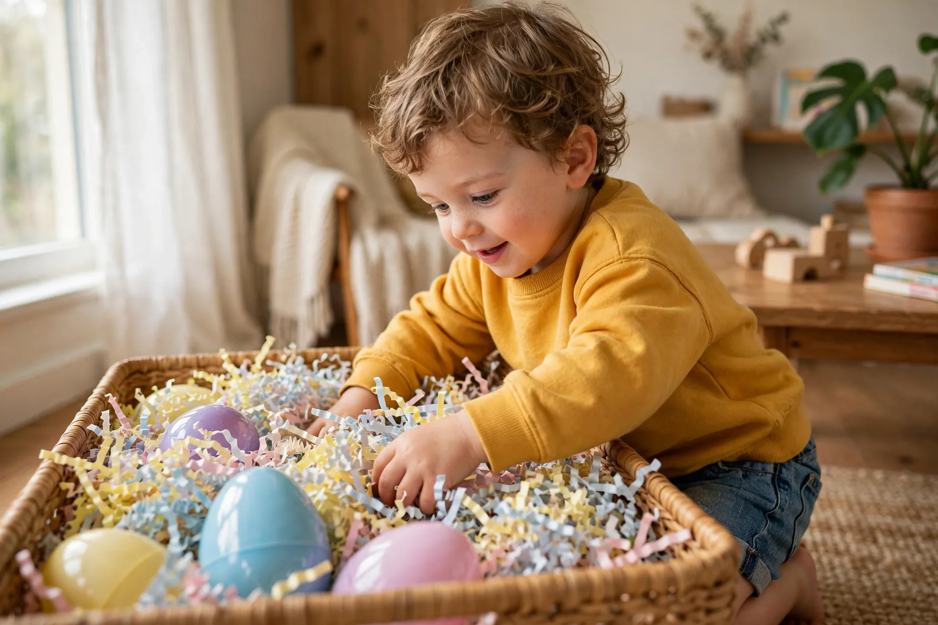 A toddler scooping through shredded paper in a bin to find big plastic Easter eggs