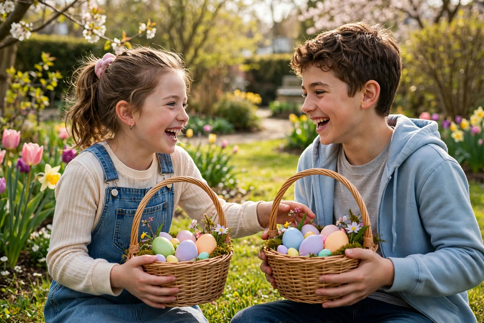 Two siblings swapping Easter baskets after a hunt, laughing together on the lawn